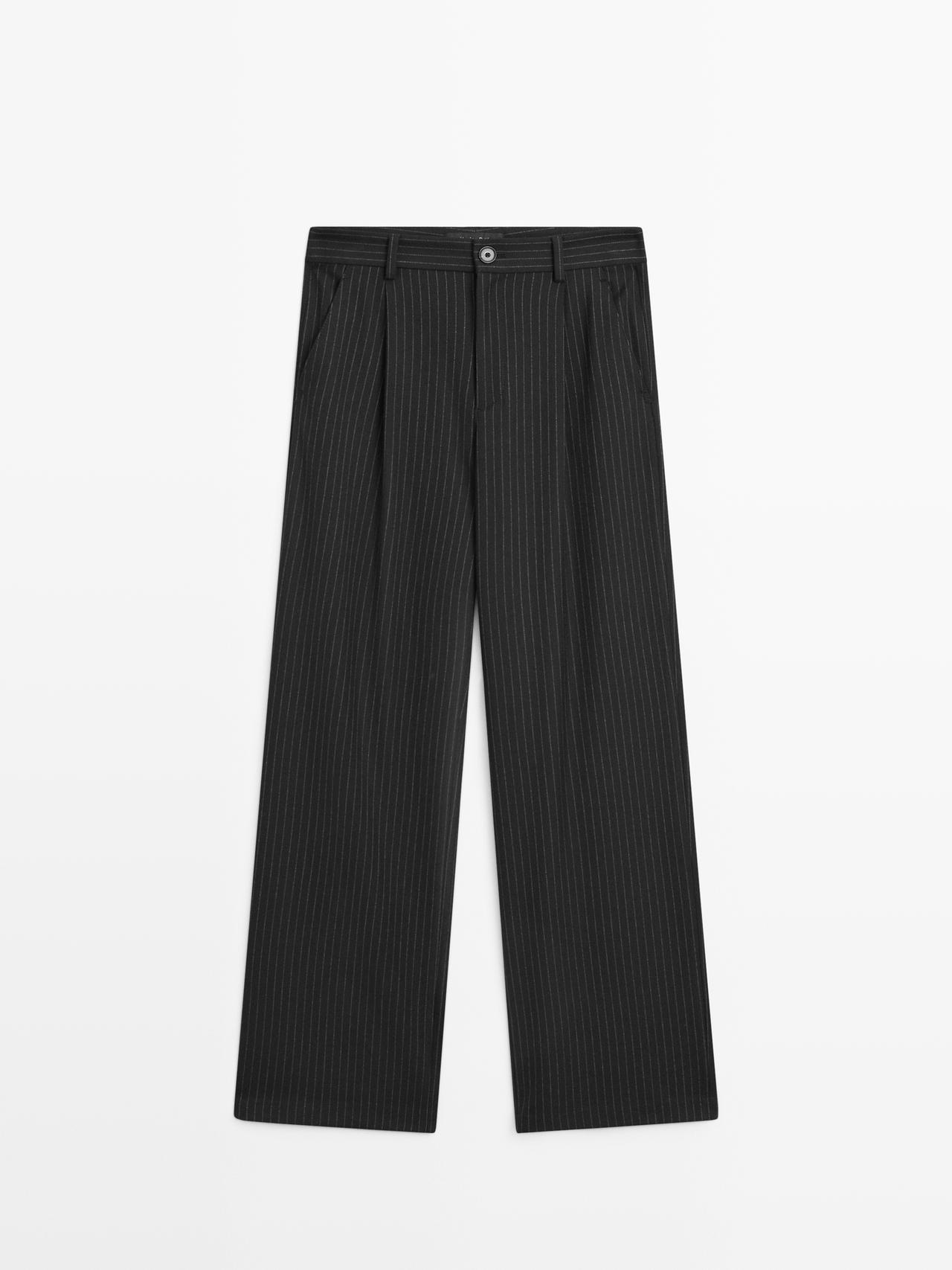 Massimo Dutti - Dame - Nålestribede Bukser Med Brede Ben - Sort - 38