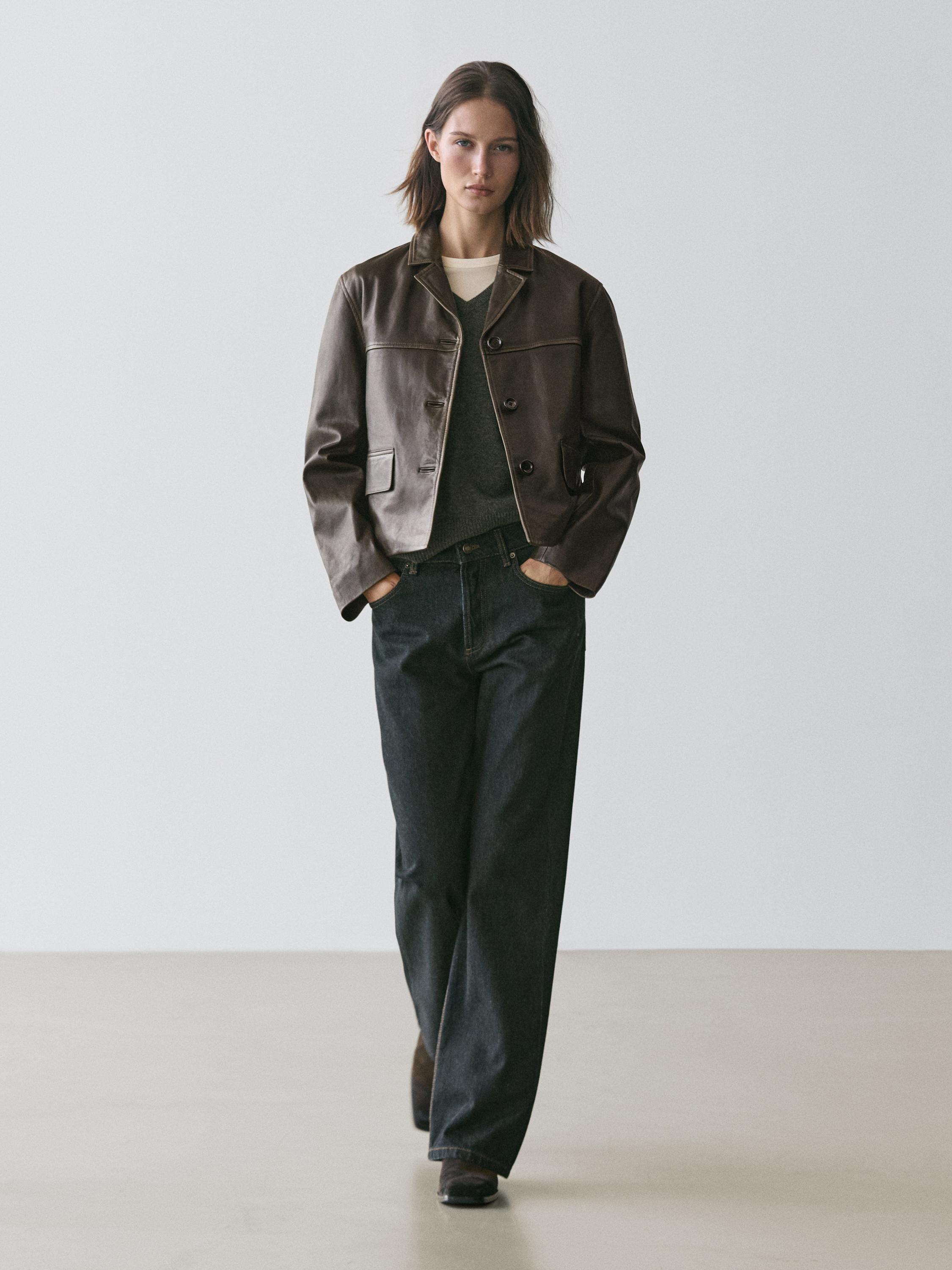 ג'קט עור נאפה עם צווארון דש