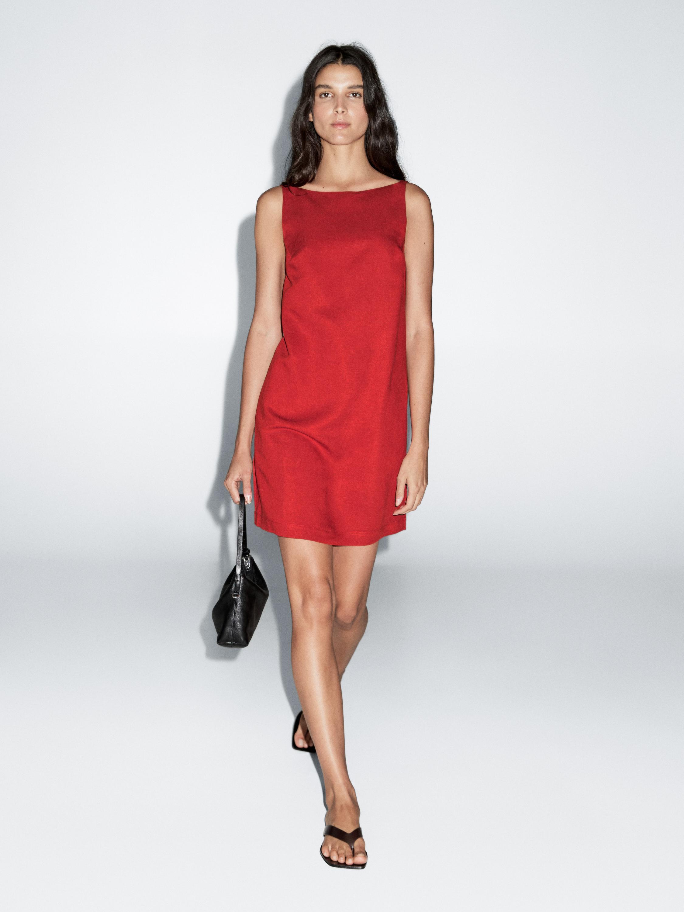 Short linen blend dress with low-cut back