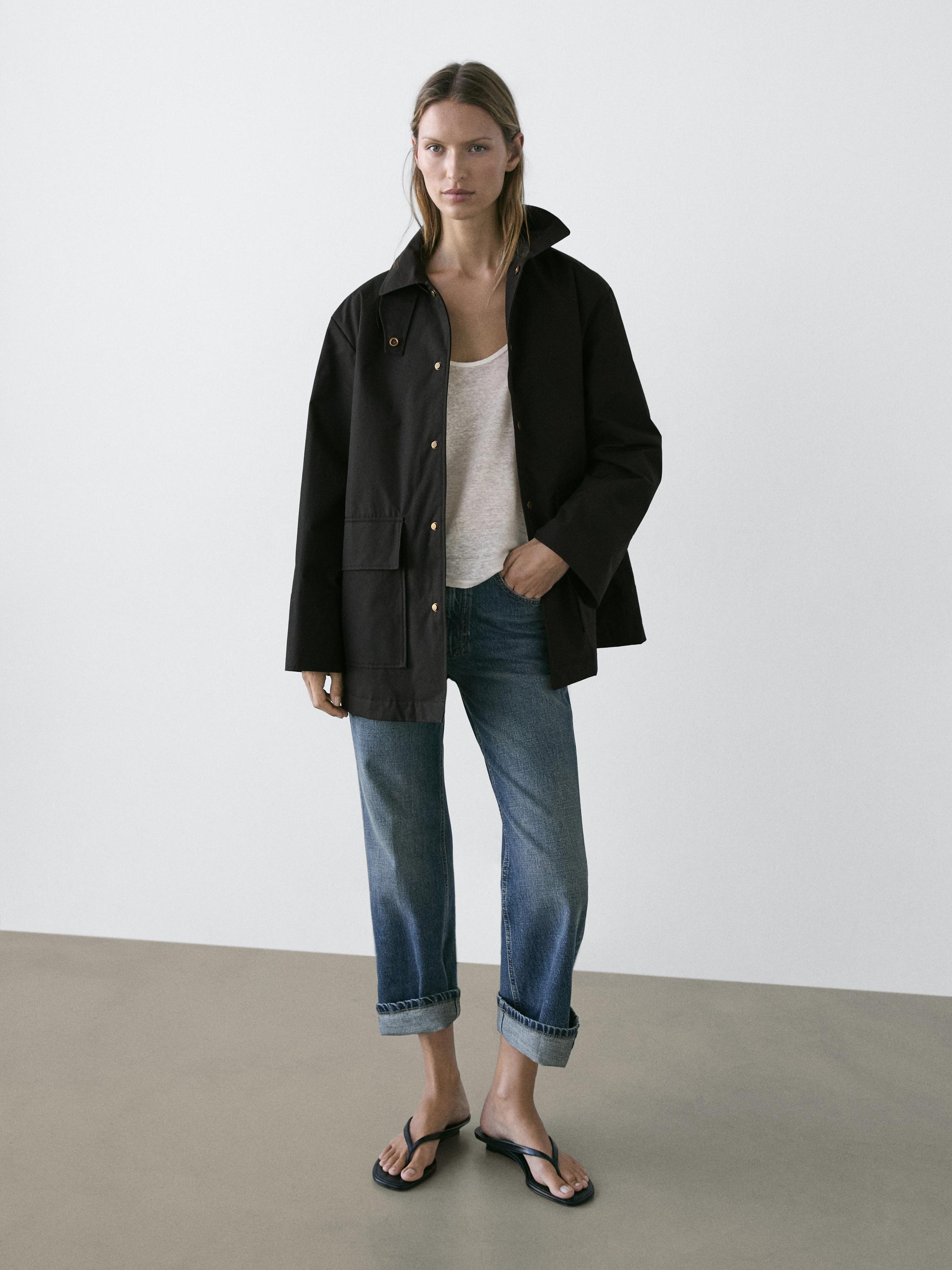 Long cotton parka with collar detail — BLACK