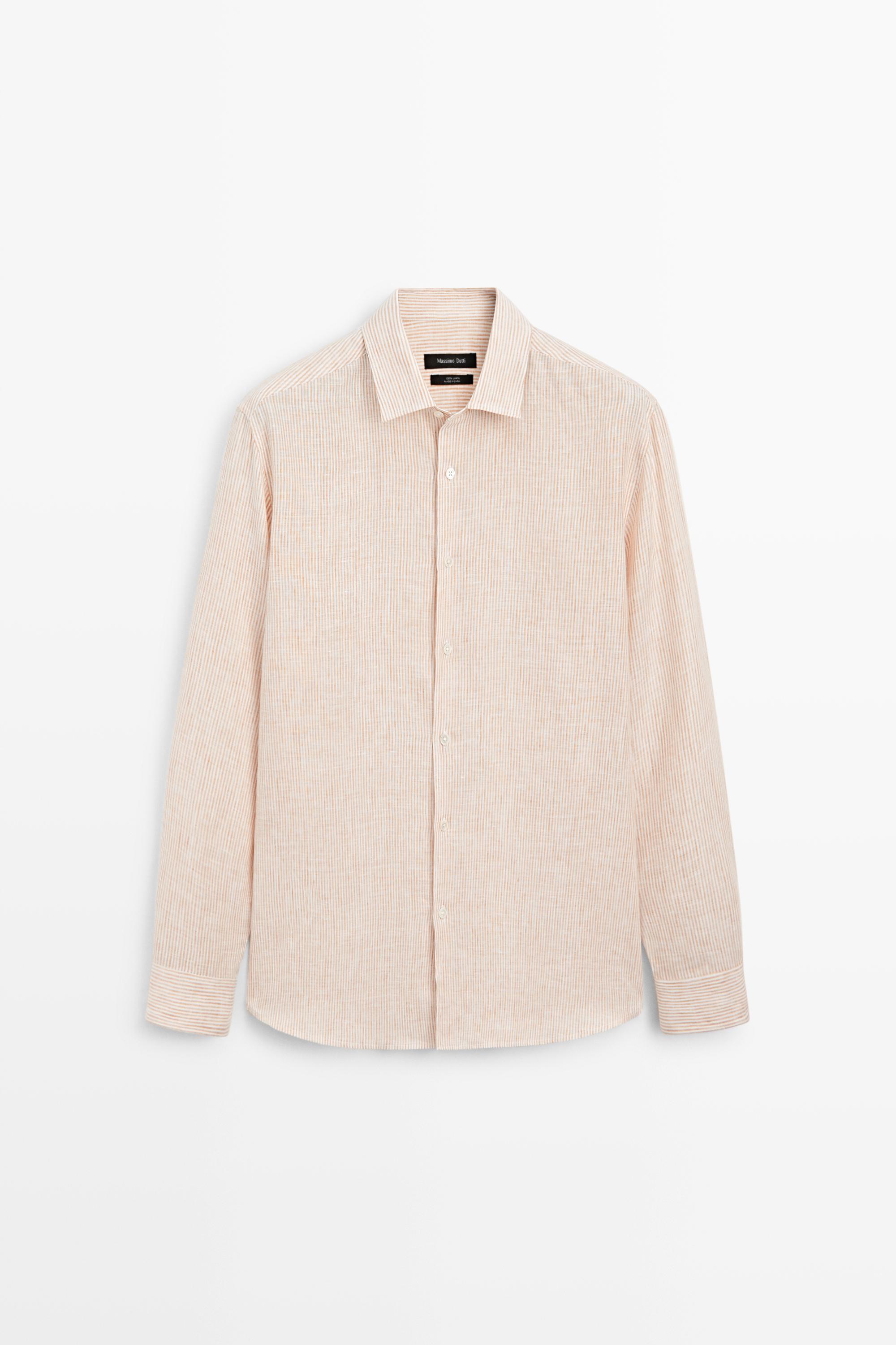 100% linen regular fit striped shirt — Light Beige