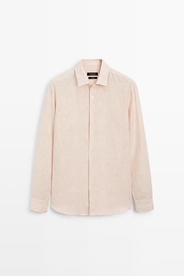 100% linen regular fit striped shirt — Light Beige 2