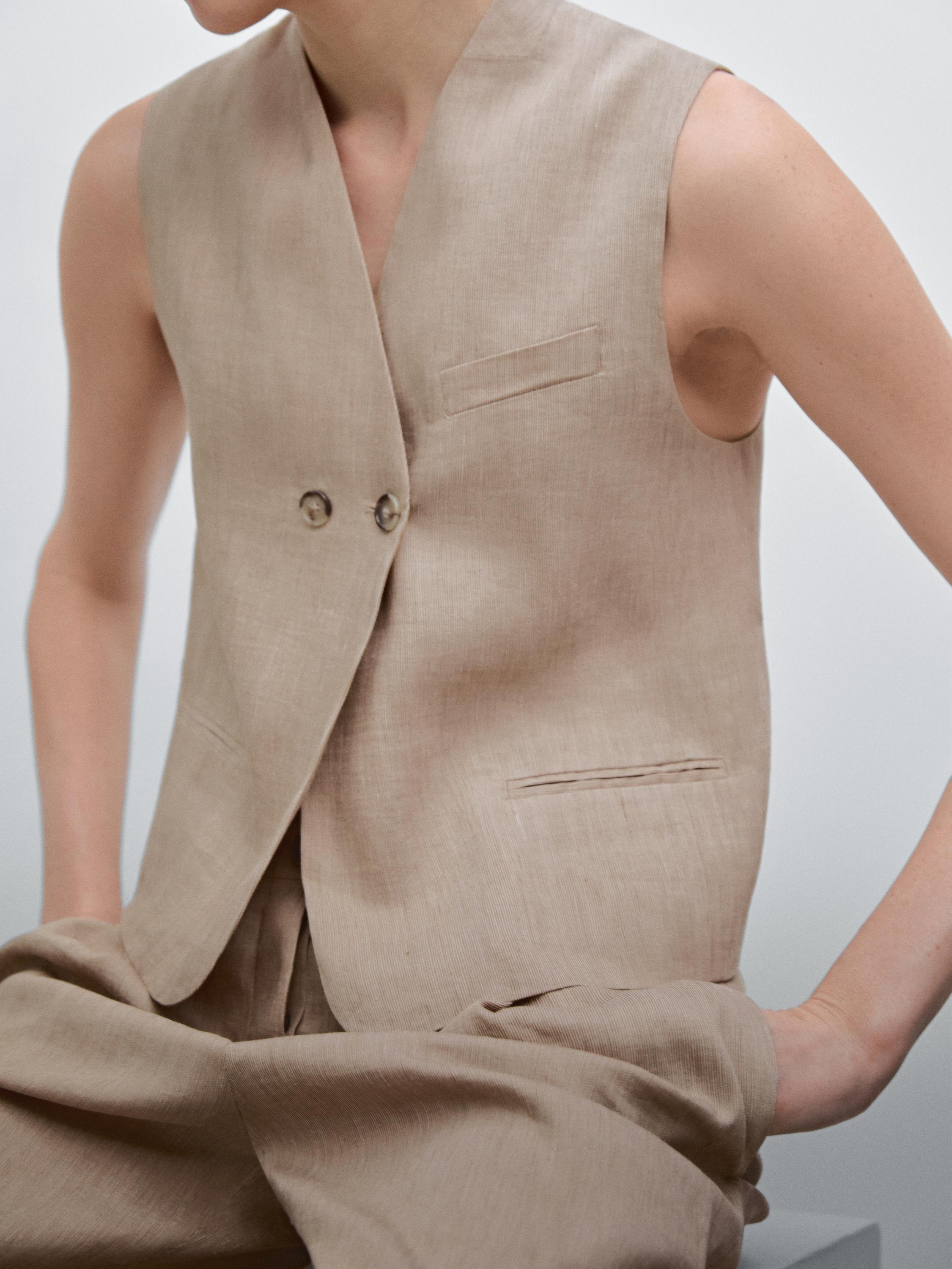 Veste sans manches multirayures en lin mélangé