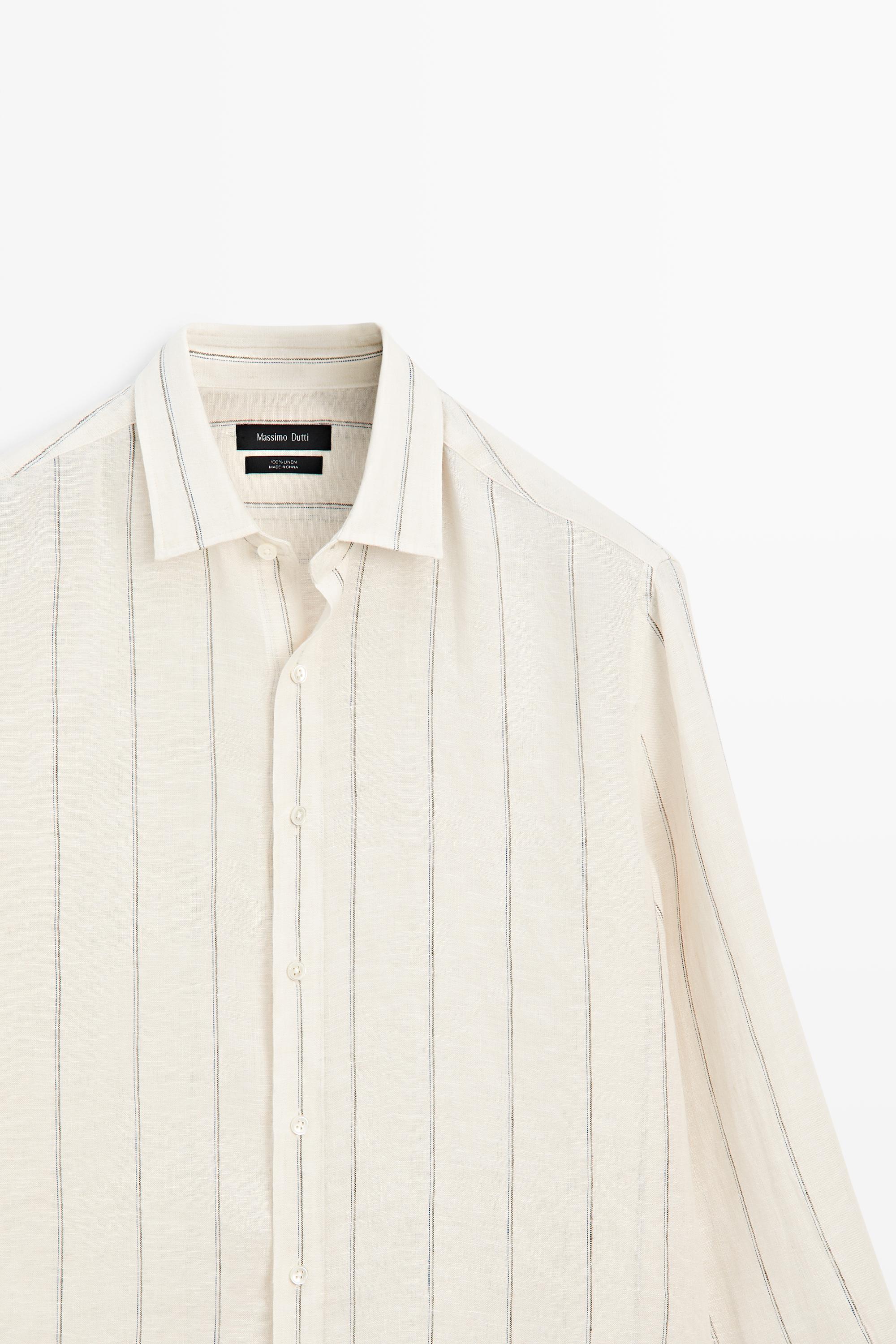 100% linen regular fit striped shirt — CREAM