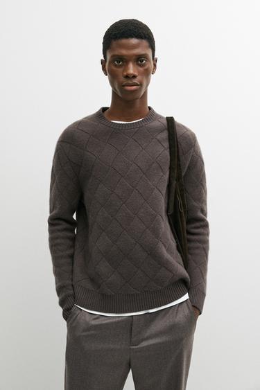 Wool blend knit sweater with diamond texture — BROWN 3