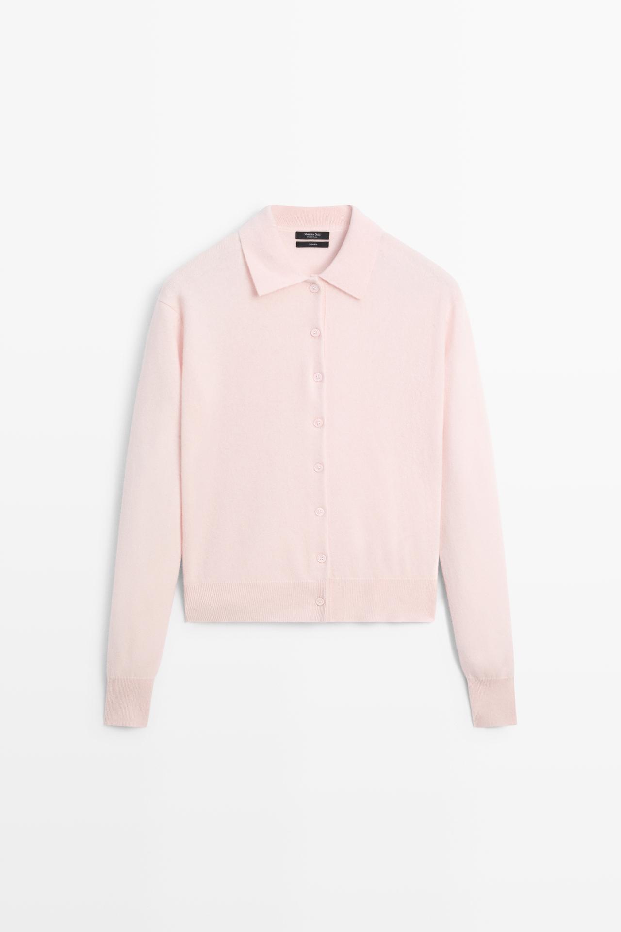 100% cashmere knit polo collar cardigan — Pink