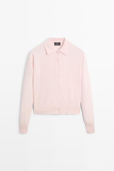 100% cashmere knit polo collar cardigan — Pink 2