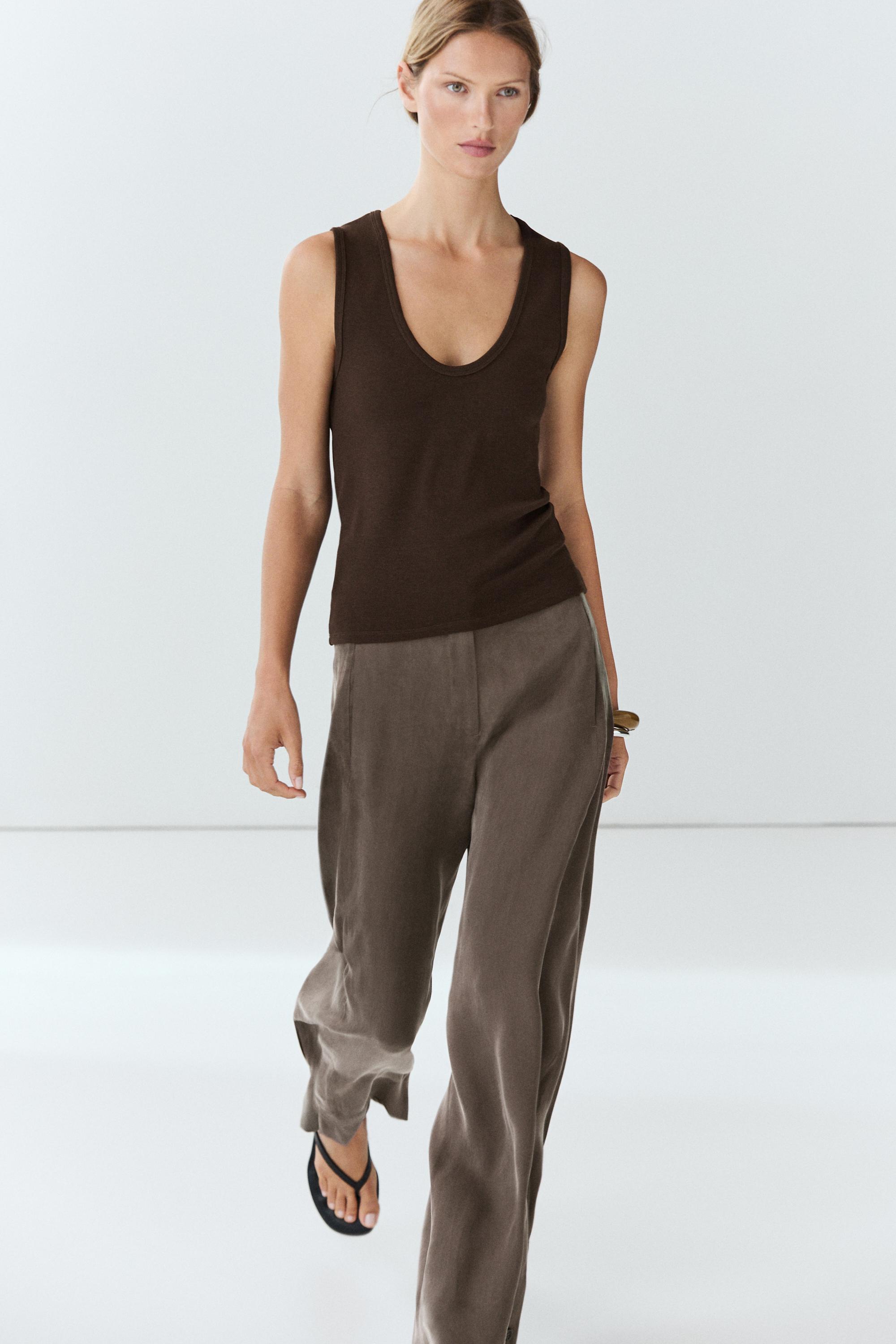 Cotton blend V-neck top — BROWN