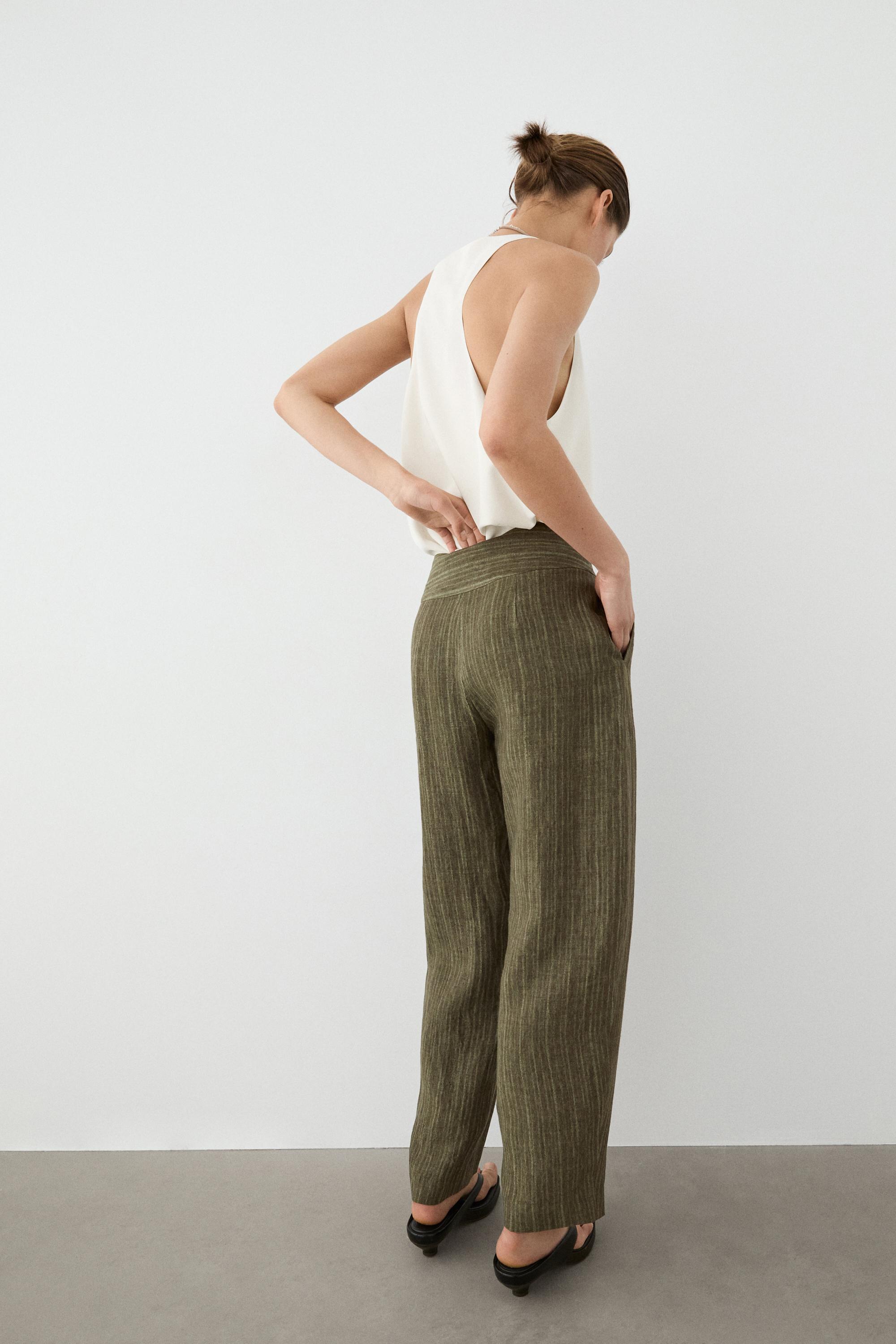 Total look linen trousers with corset belt detail — GREEN