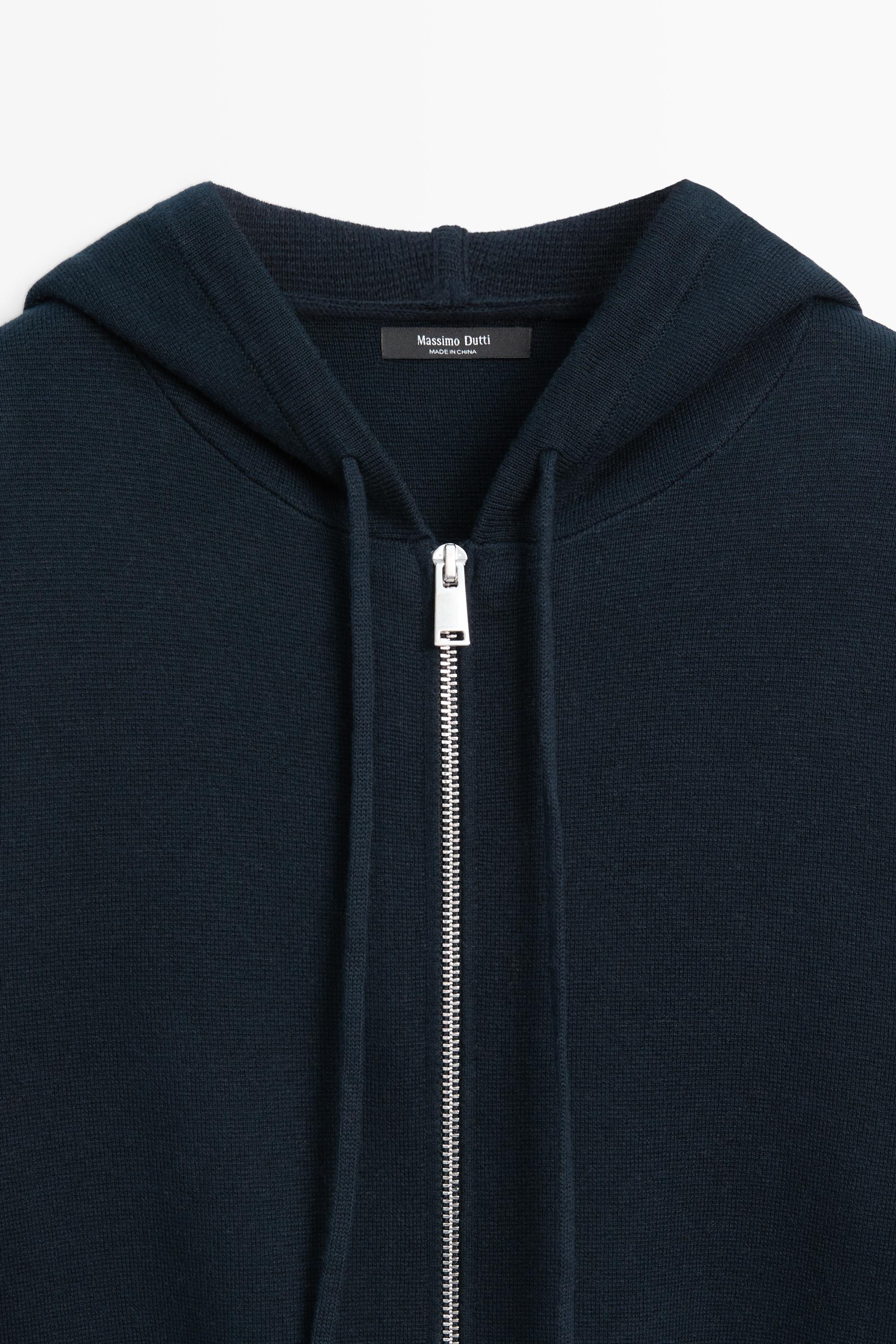 Cotton blend knit hooded cardigan — NAVY BLUE