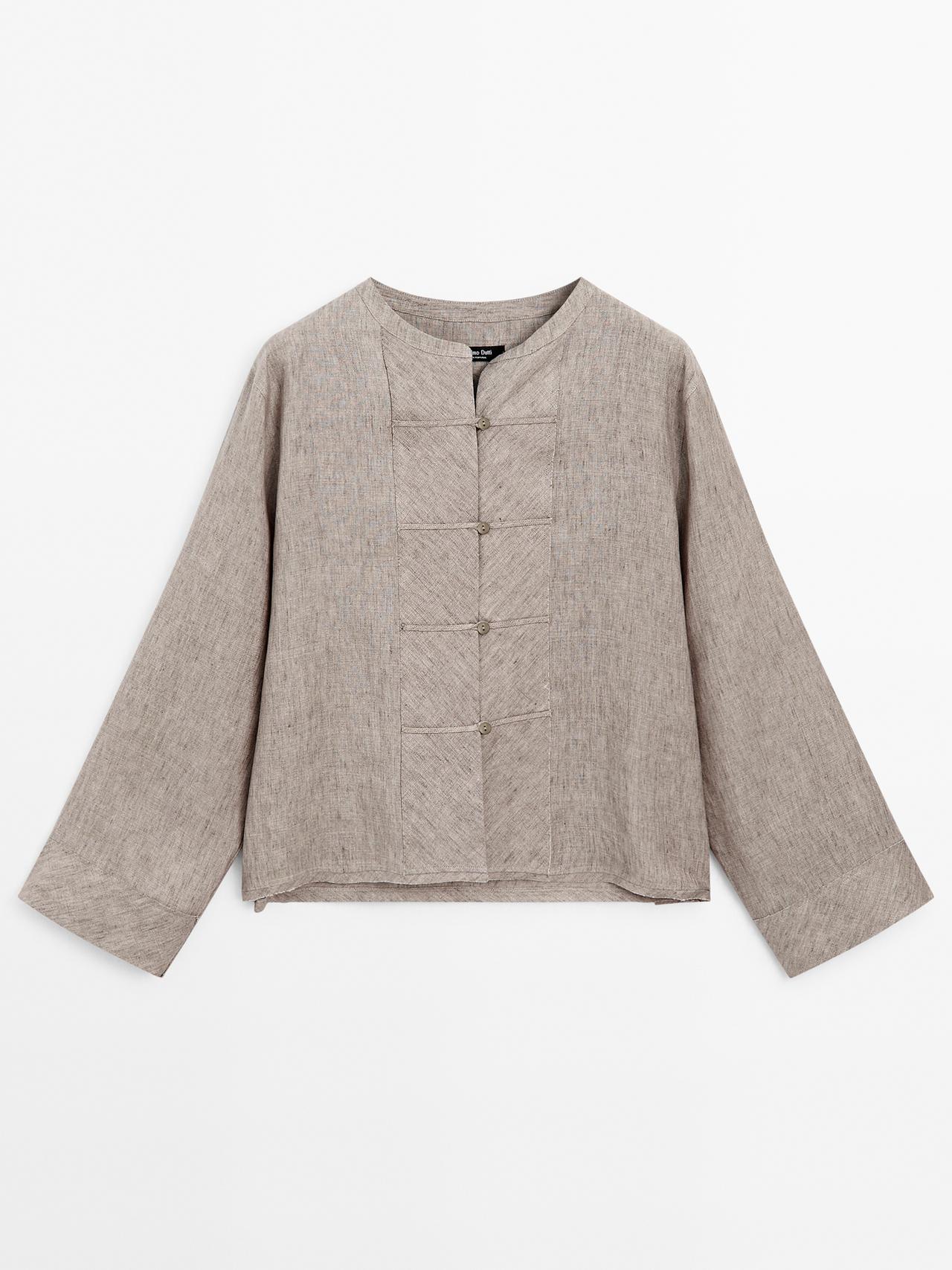 Massimo Dutti - Dame - Bluse I Melange Med Krave I 100% Hør - Brun - M