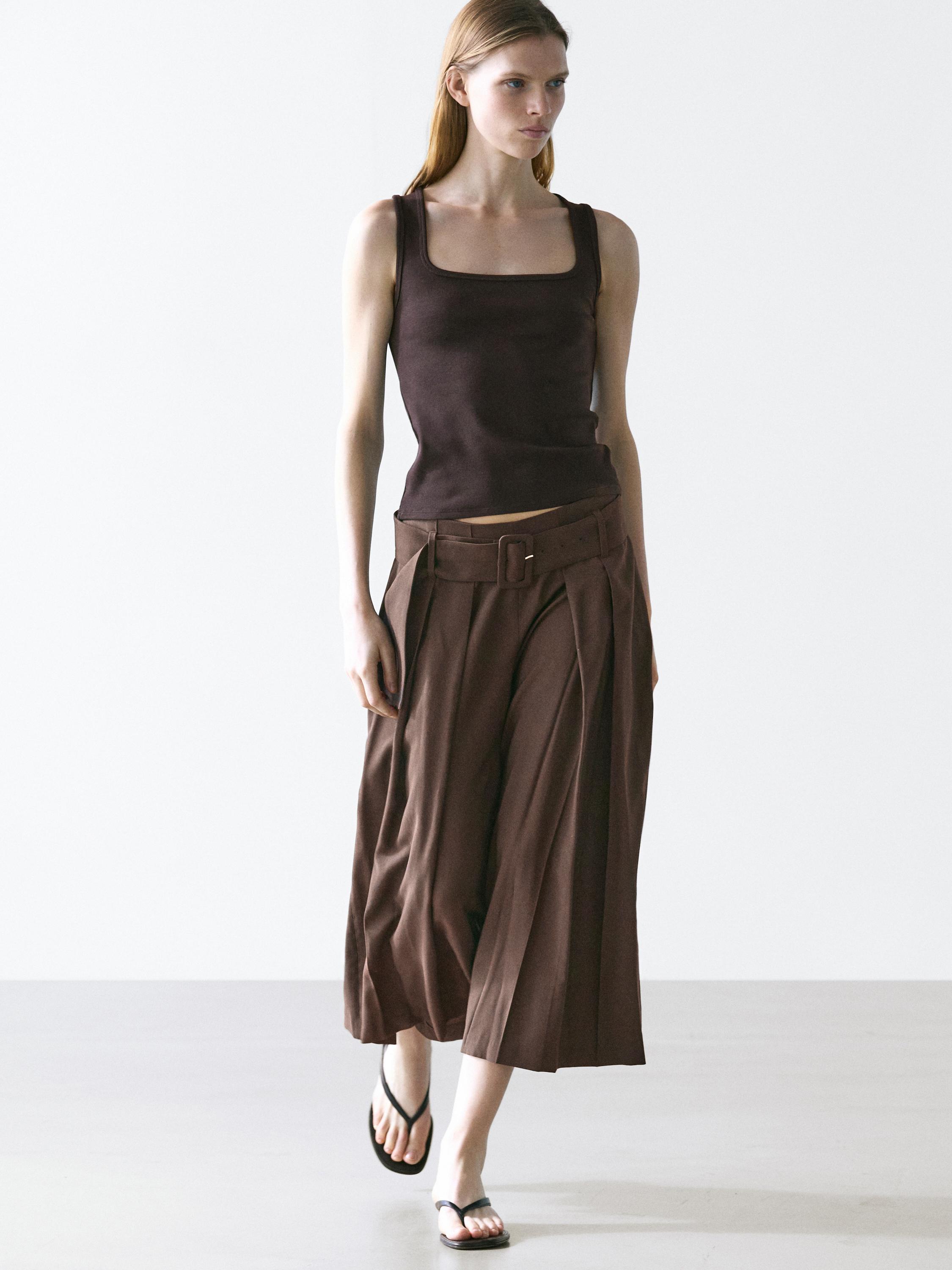 Pleated midi skort — BROWN