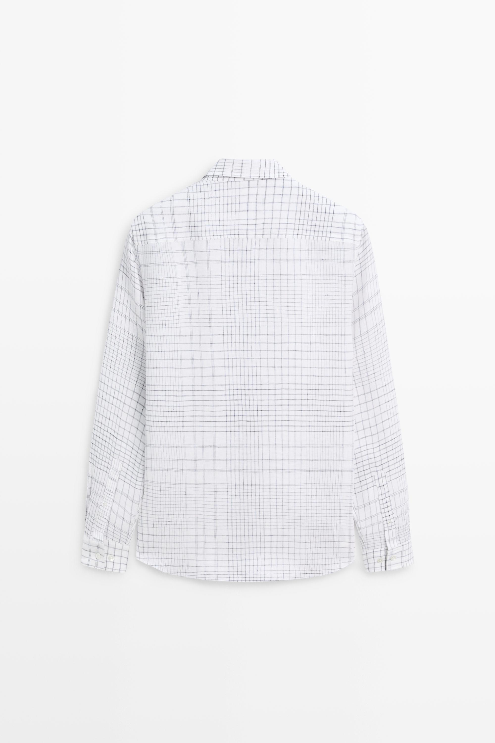 100% linen regular fit check shirt — WHITE