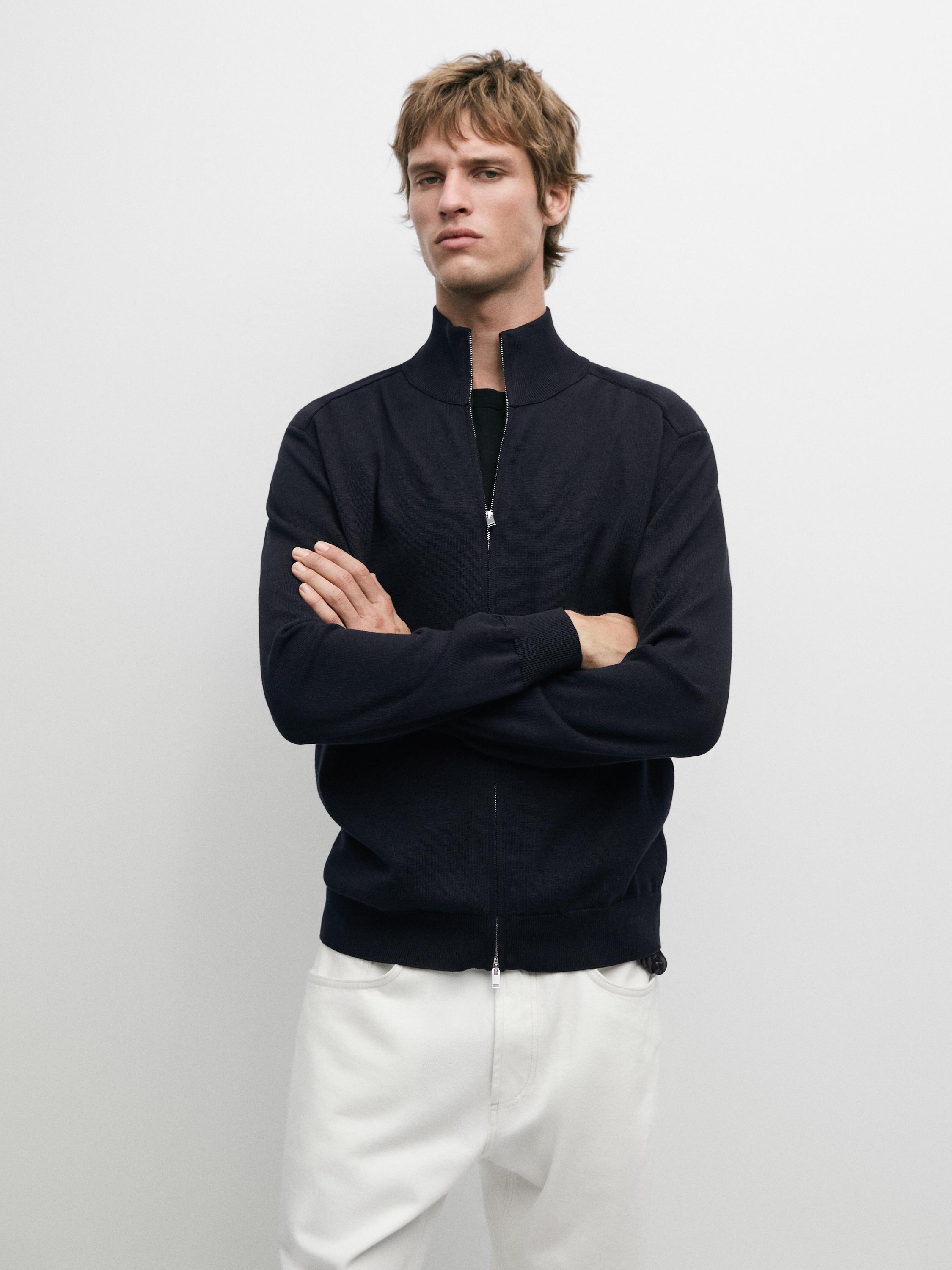 Cotton zip-up knit cardigan
