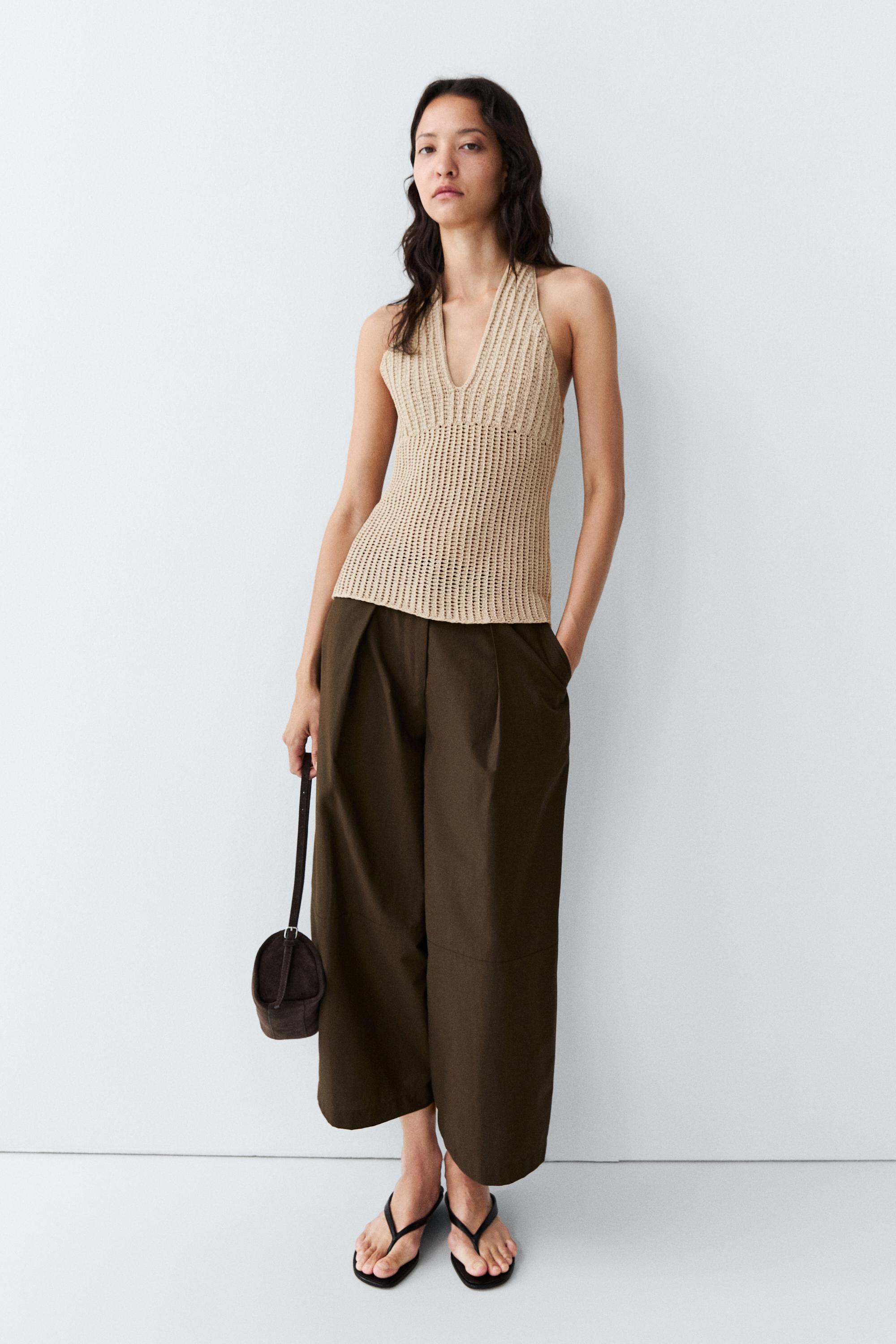 Cotton crochet knit top — BEIGE