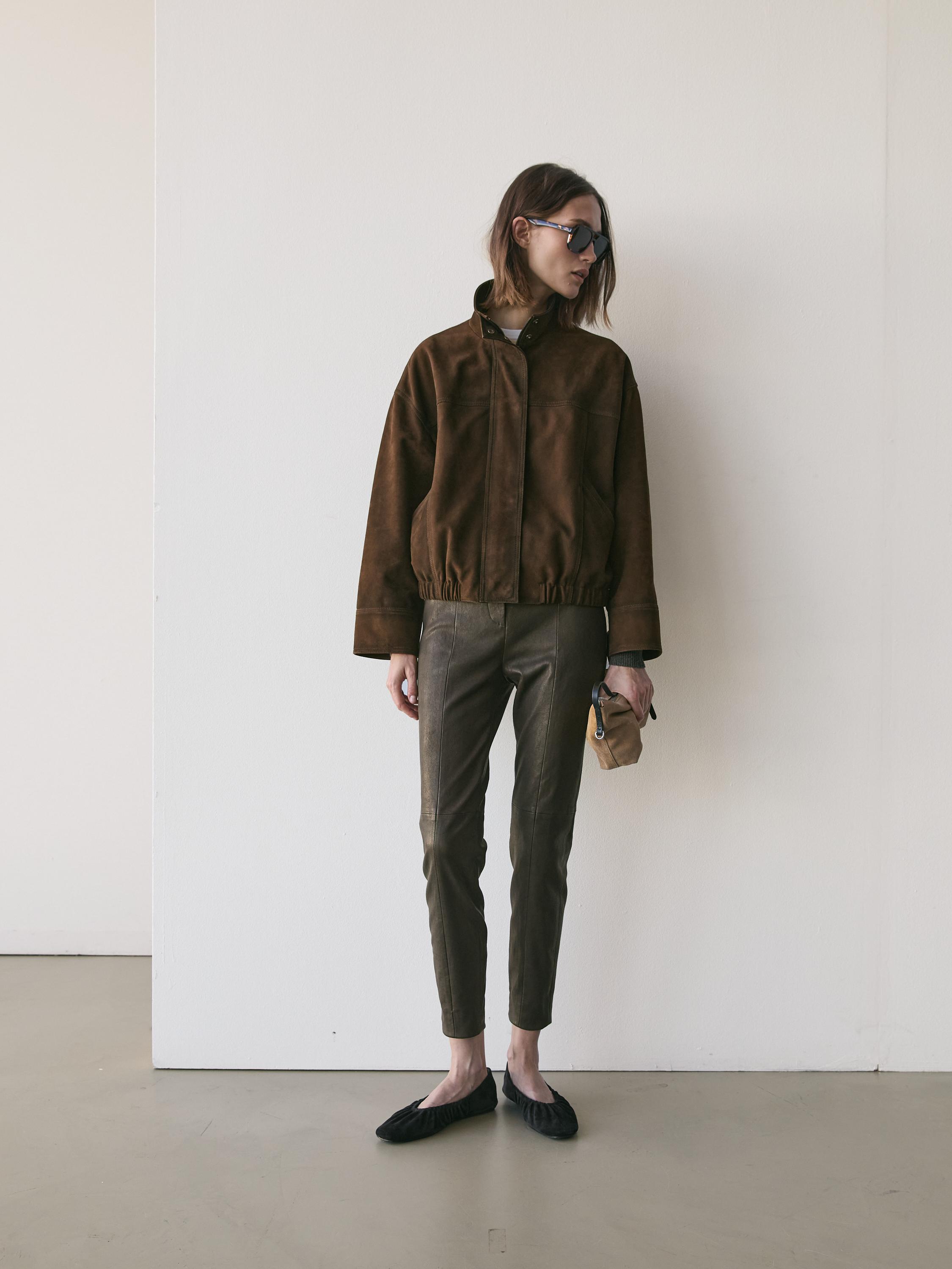 Nappa leather leggings with elasticated detail — BROWN