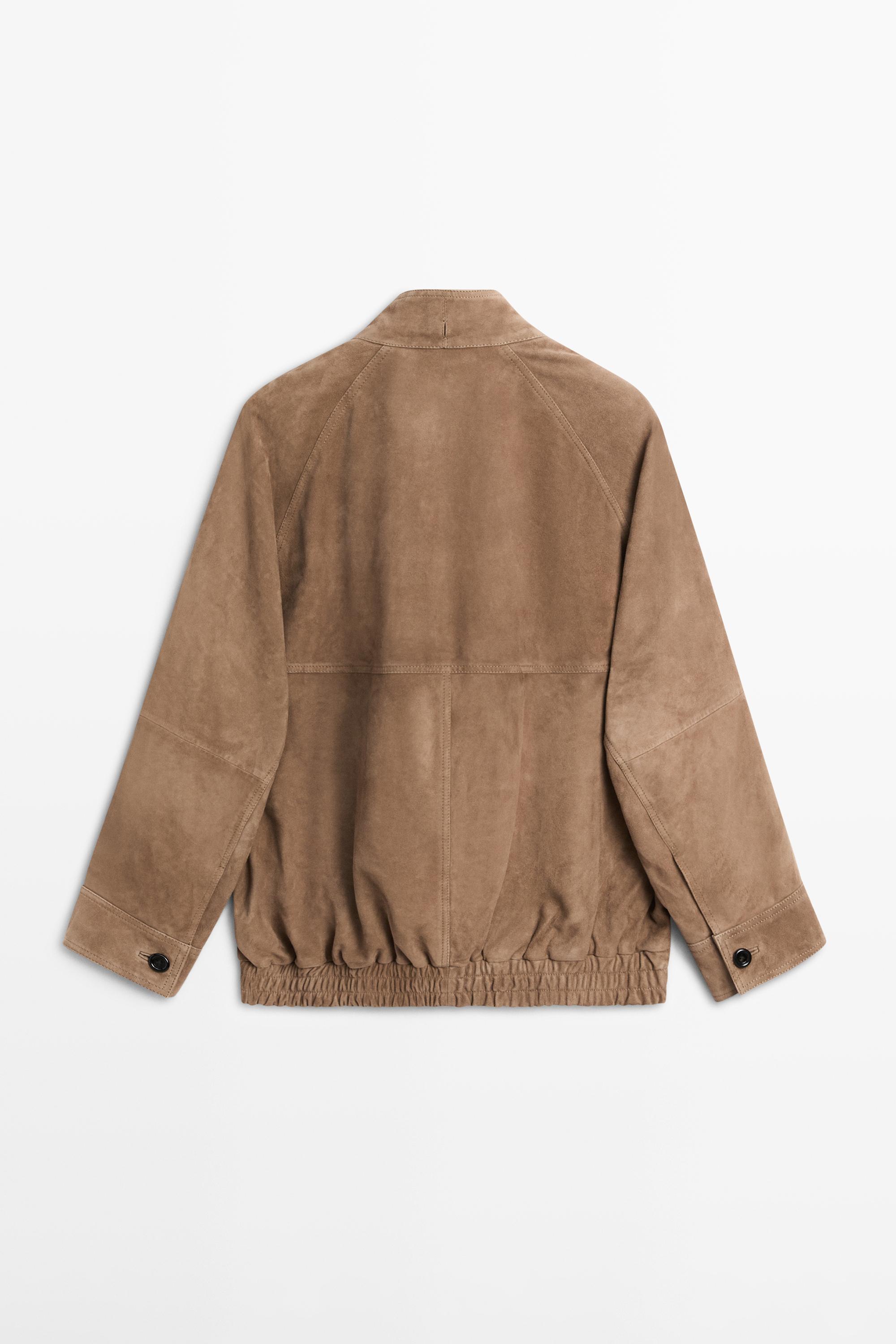 Suede leather bomber jacket with scarf detail — MOLE BROWN