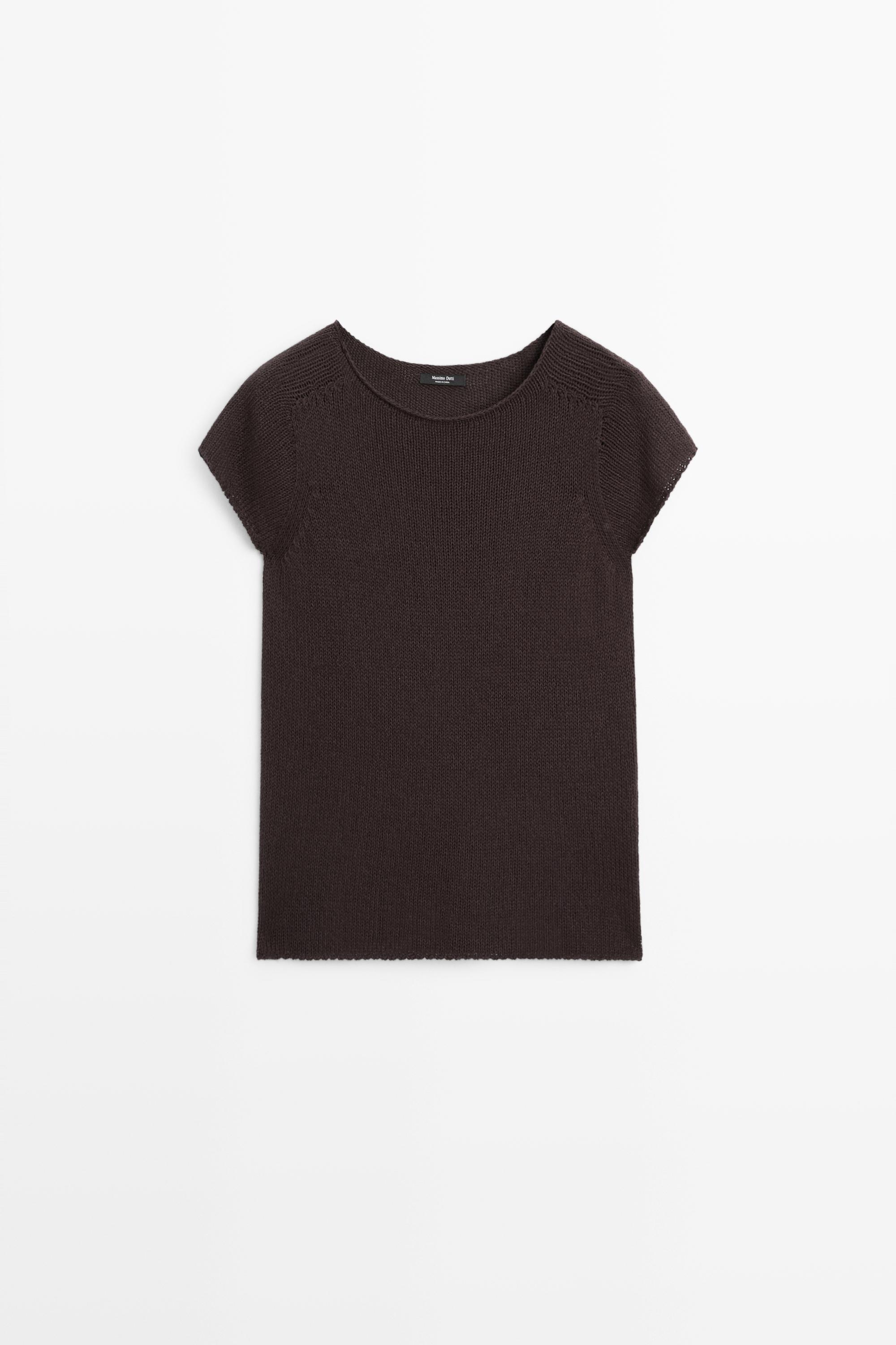 Cotton blend short sleeve knit sweater — Chocolate