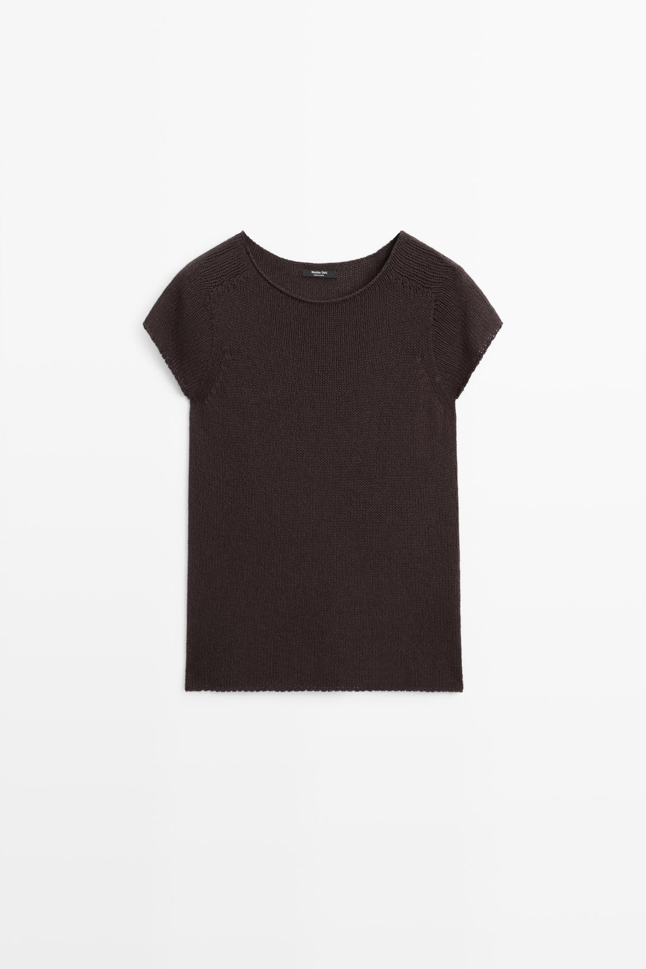Cotton blend short sleeve knit sweater — Chocolate