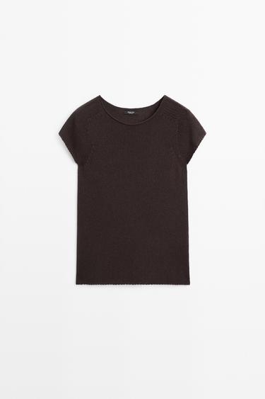 Cotton blend short sleeve knit sweater — Chocolate 2