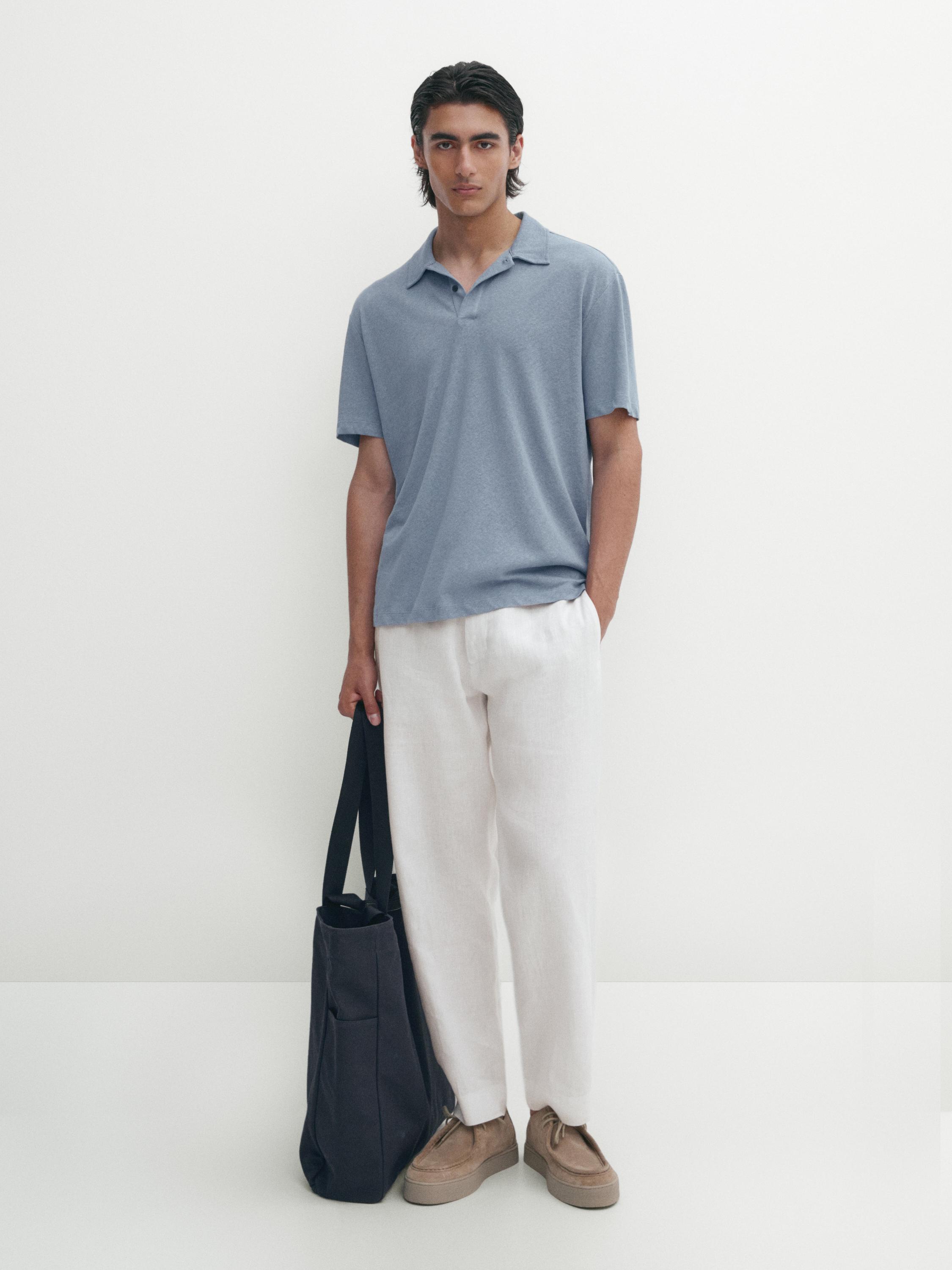 قميص بولو من الكتان المخلوط بأكمام قصيرة