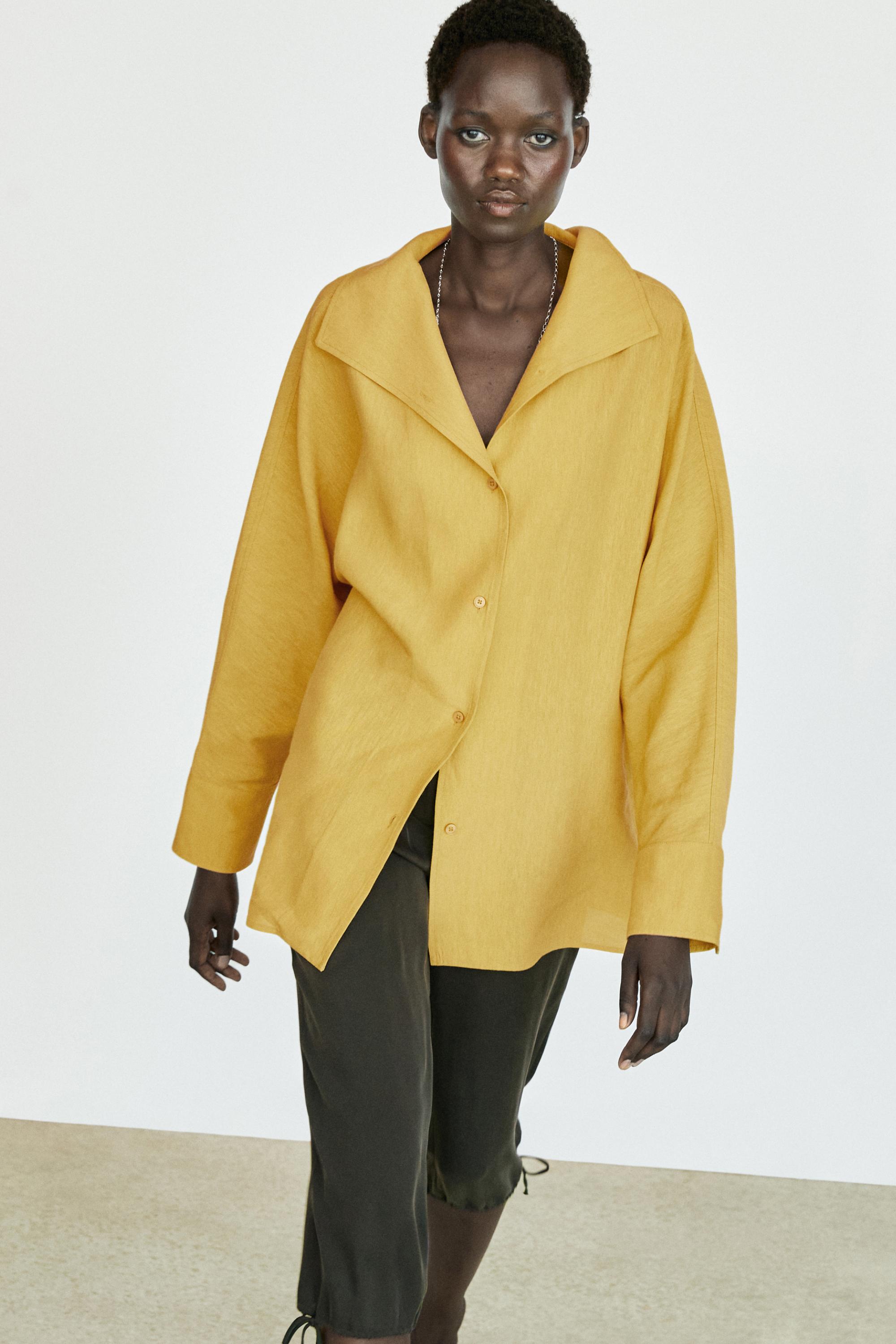 Flowing linen blend shirt with statement collar — MUSTARD YELLOW