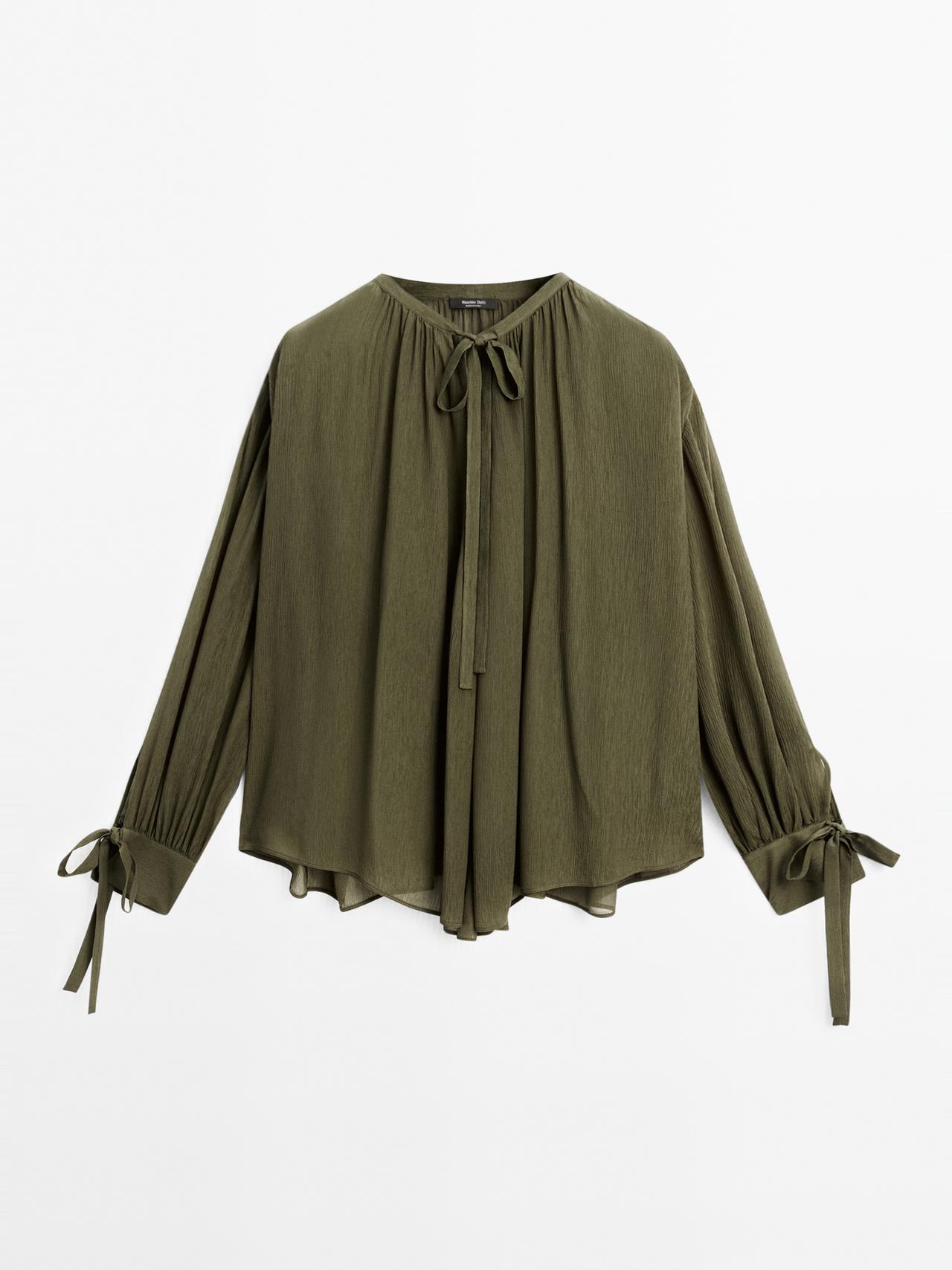 Massimo Dutti - Dame - Kappebluse Med Bindebånd - Mørkegrøn - M