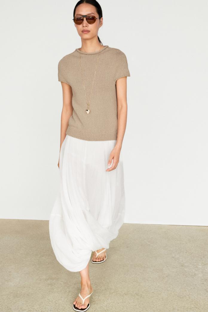 Cotton blend short sleeve rolled-neck sweater — BEIGE