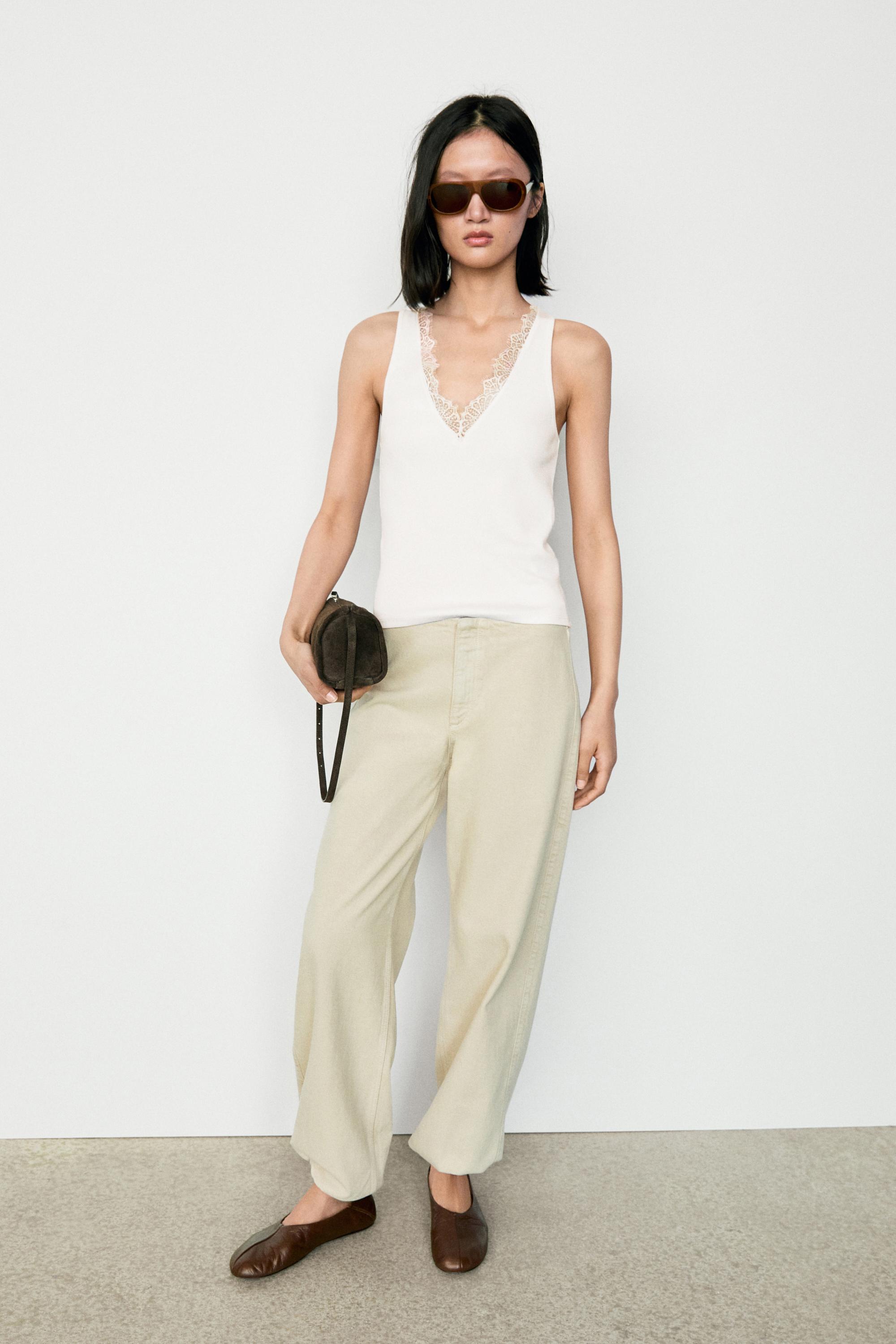 V-neck lace trim camisole top — CREAM