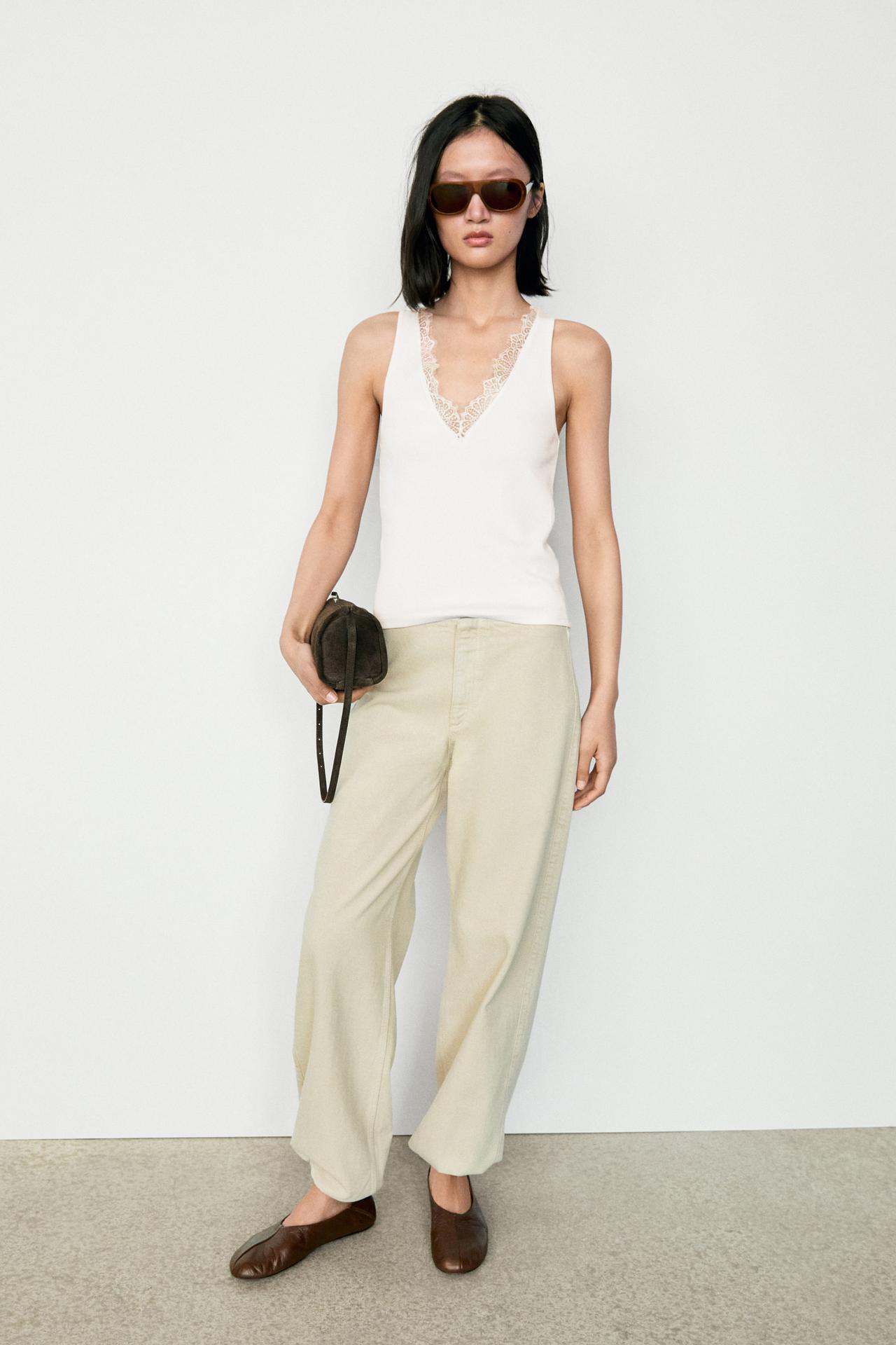 V-neck lace trim camisole top — CREAM