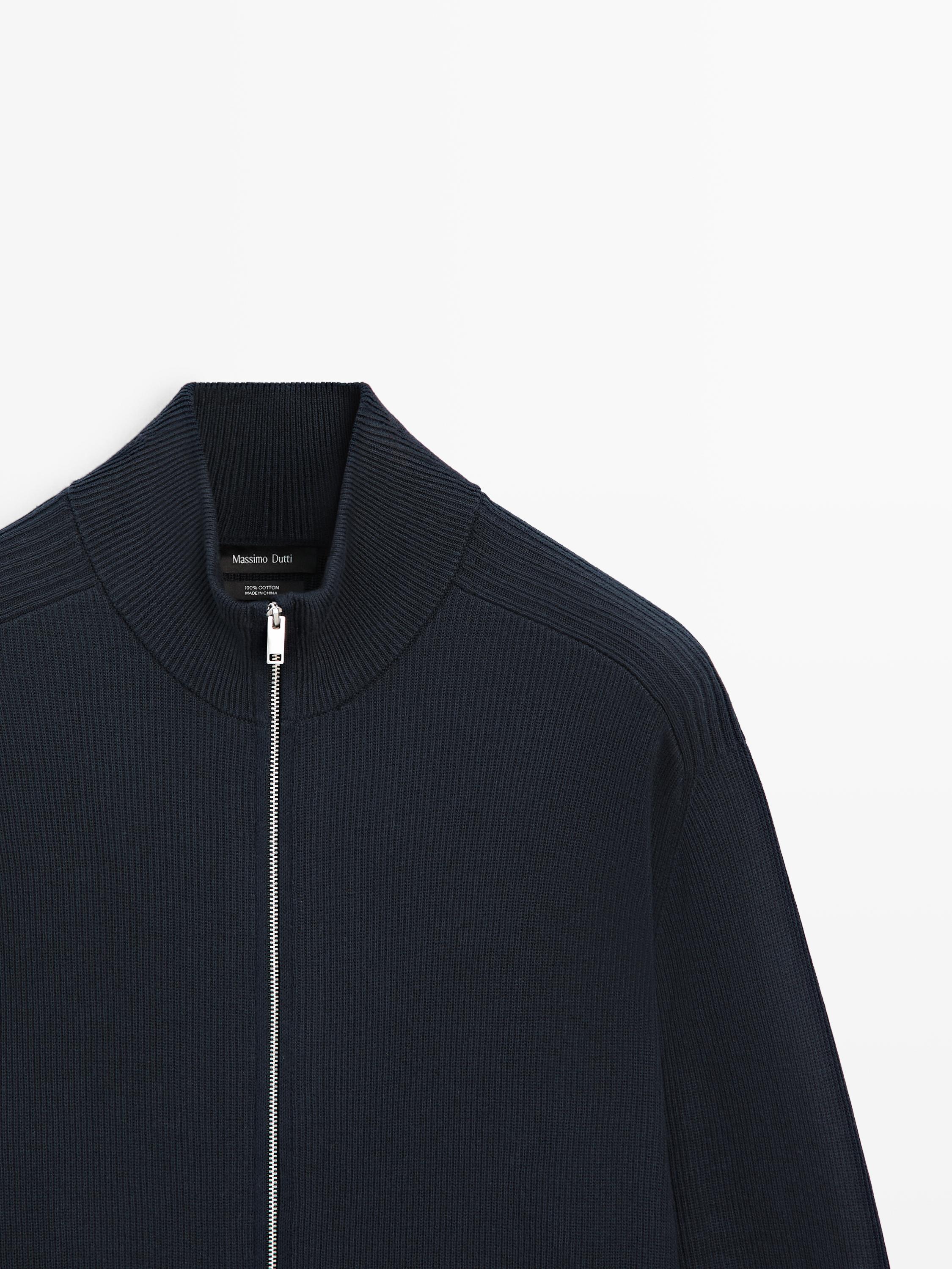 Cotton zip-up knit cardigan — NAVY BLUE