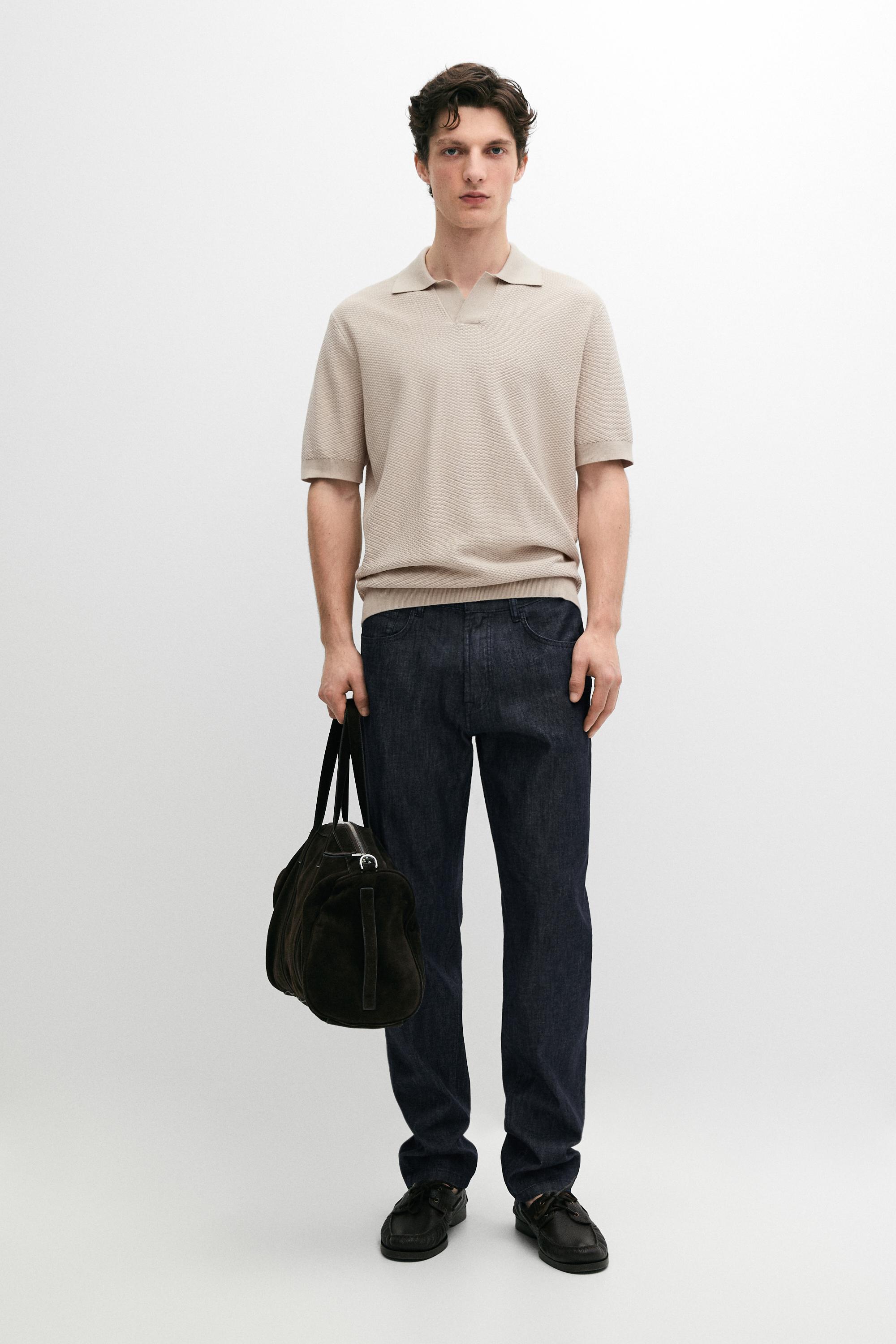 100% cotton textured knit polo sweater — BEIGE
