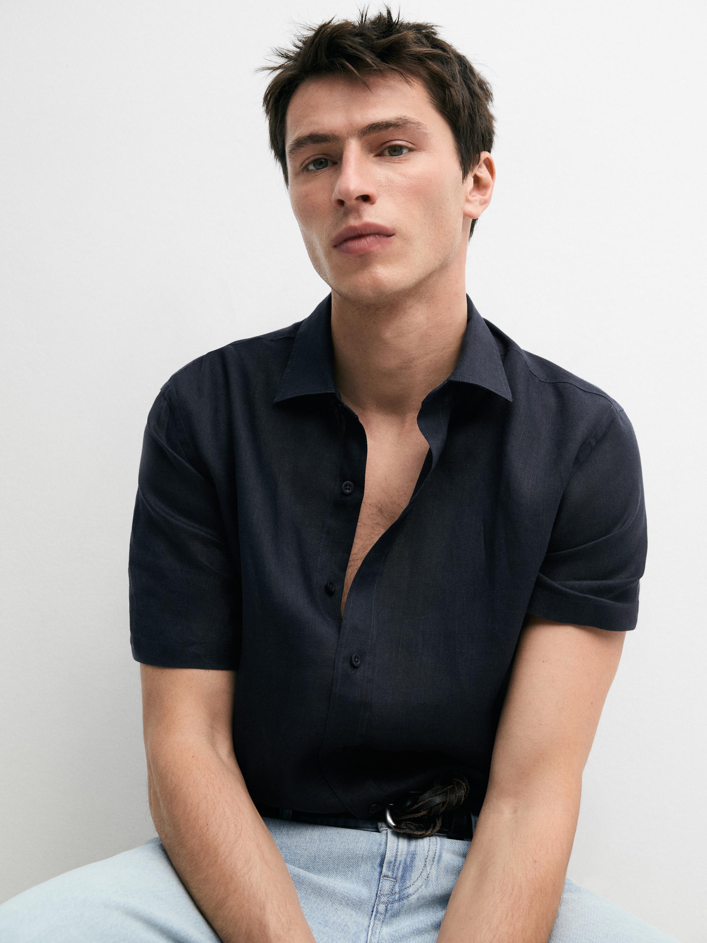 100% linen regular fit short sleeve shirt — NAVY BLUE