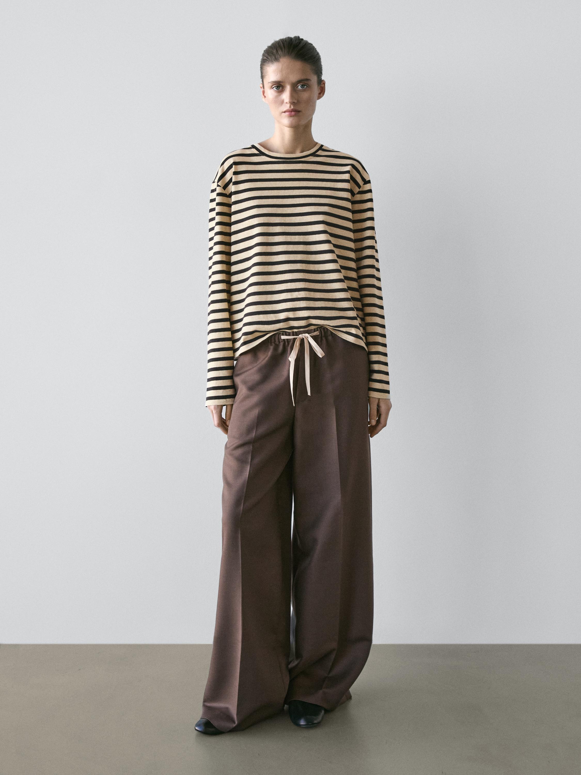 Wool blend contrast drawstring trousers — BROWN