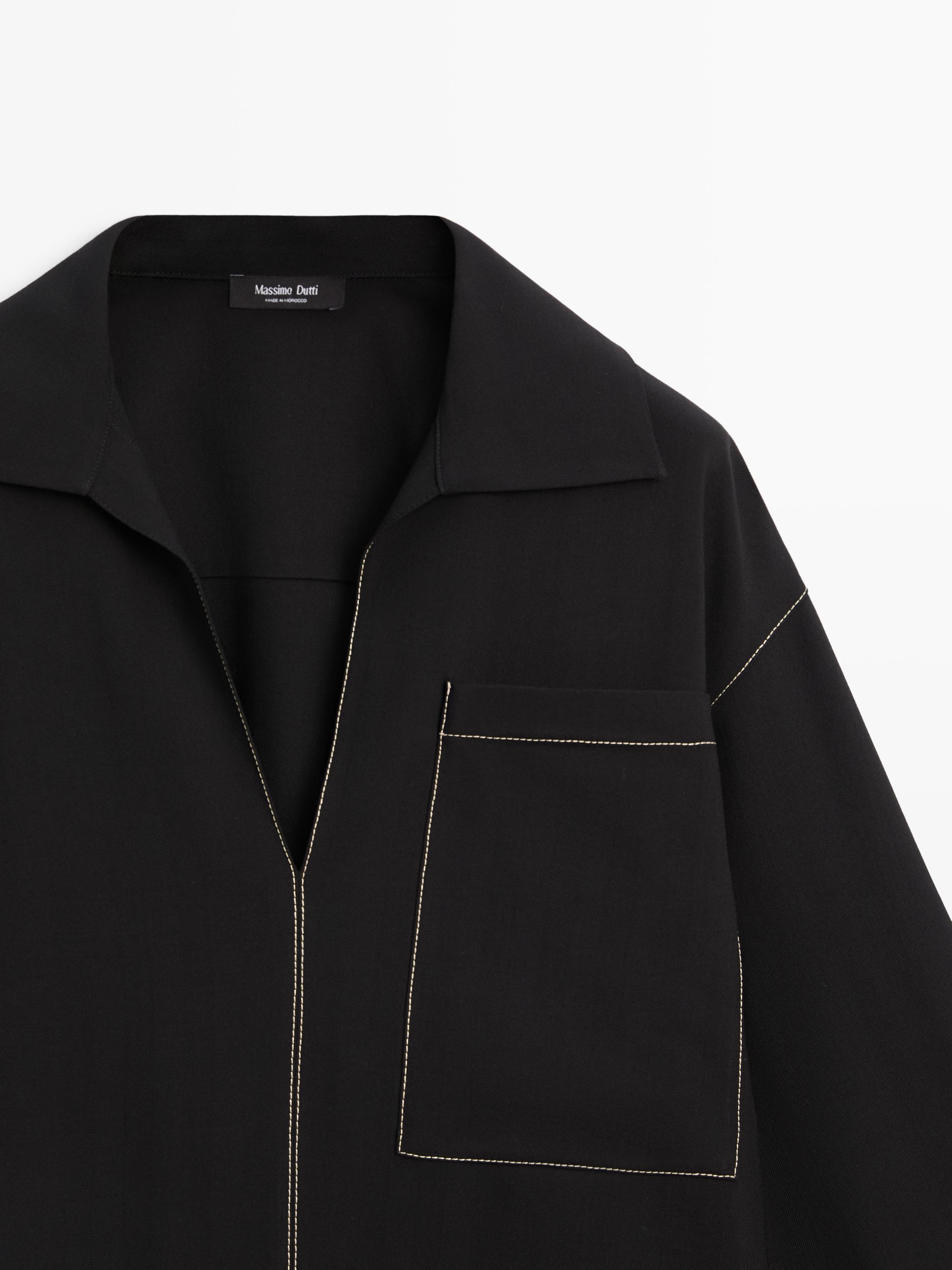 Flowing wool blend overshirt with pocket detail — BLACK