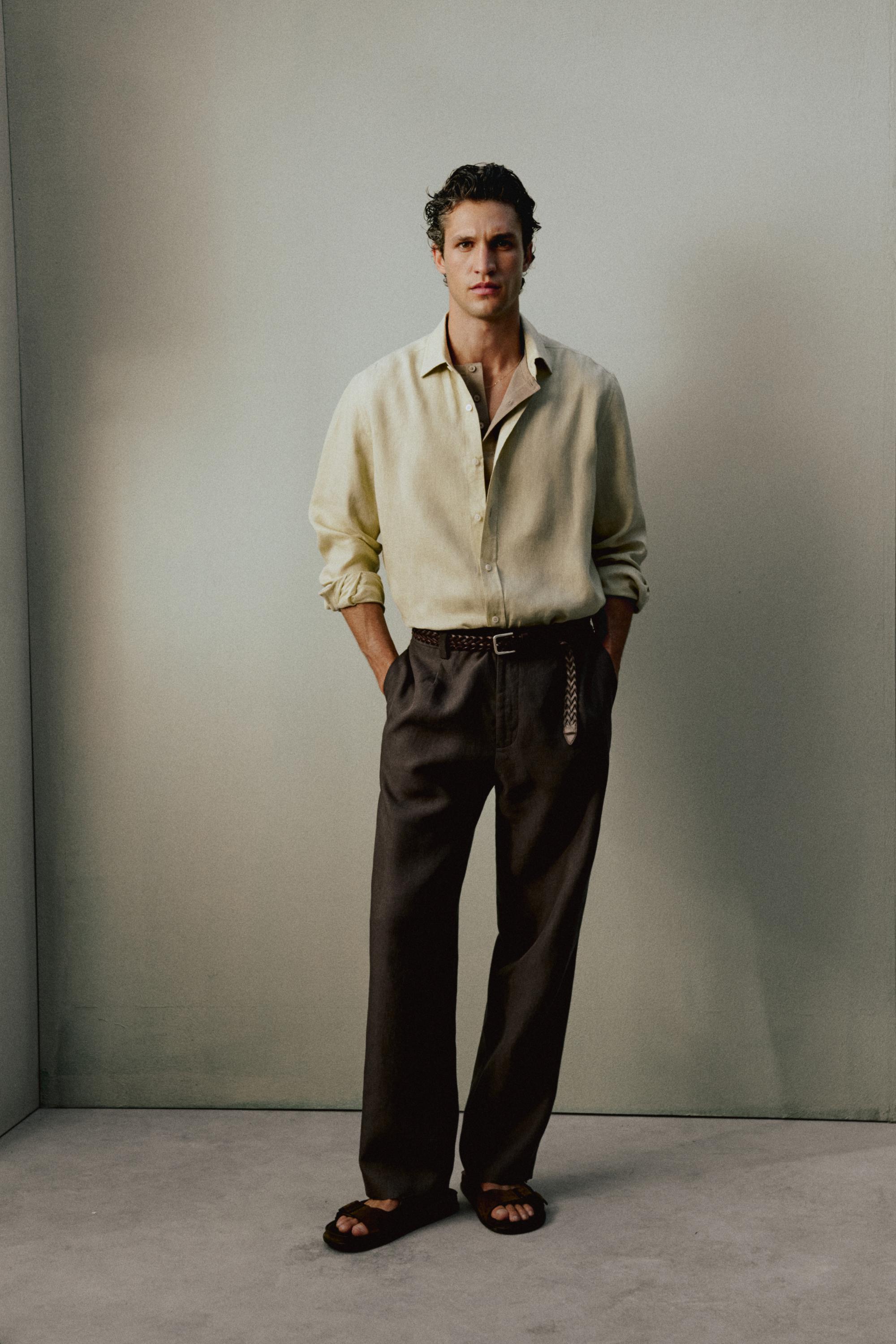 Slim fit 100% linen shirt — PALE GREEN