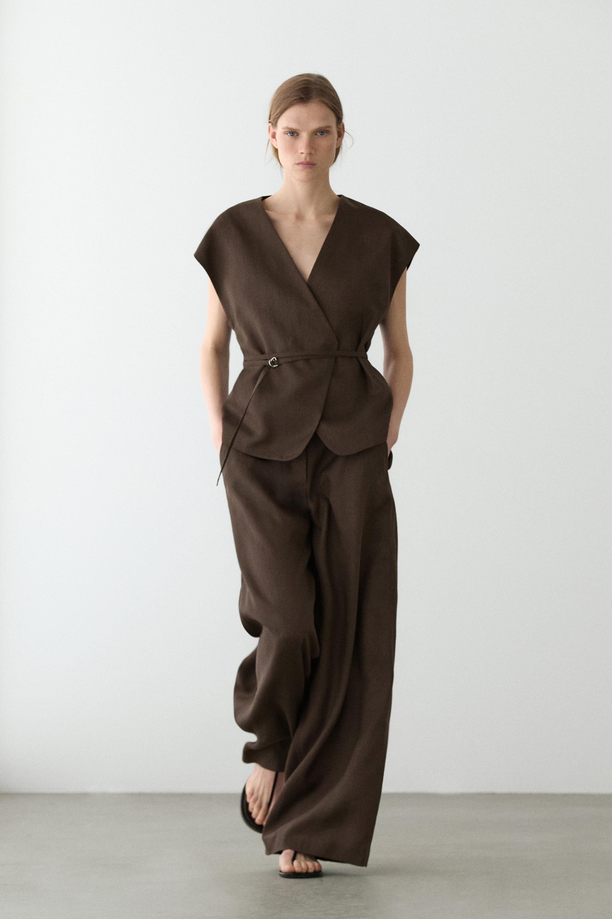 Linen blend waistcoat with wrap neckline
