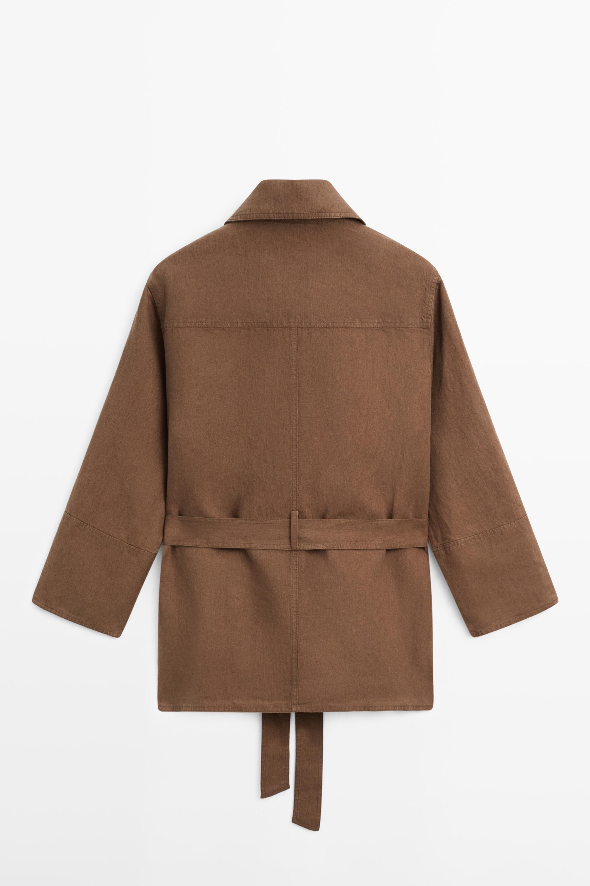 100% linen blazer with pockets and belt detail — BROWN