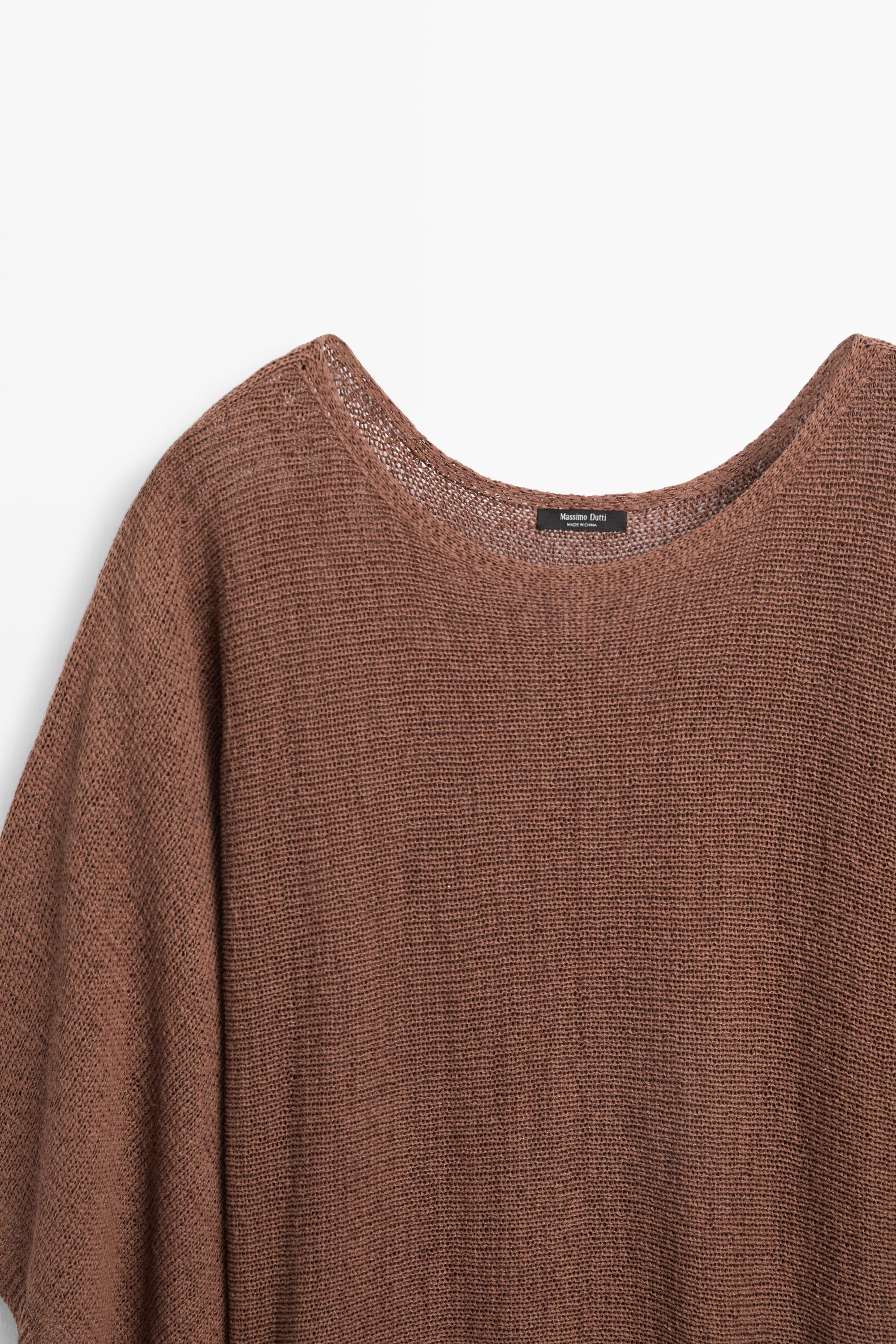 Cotton blend knit sweater with belt — BROWN