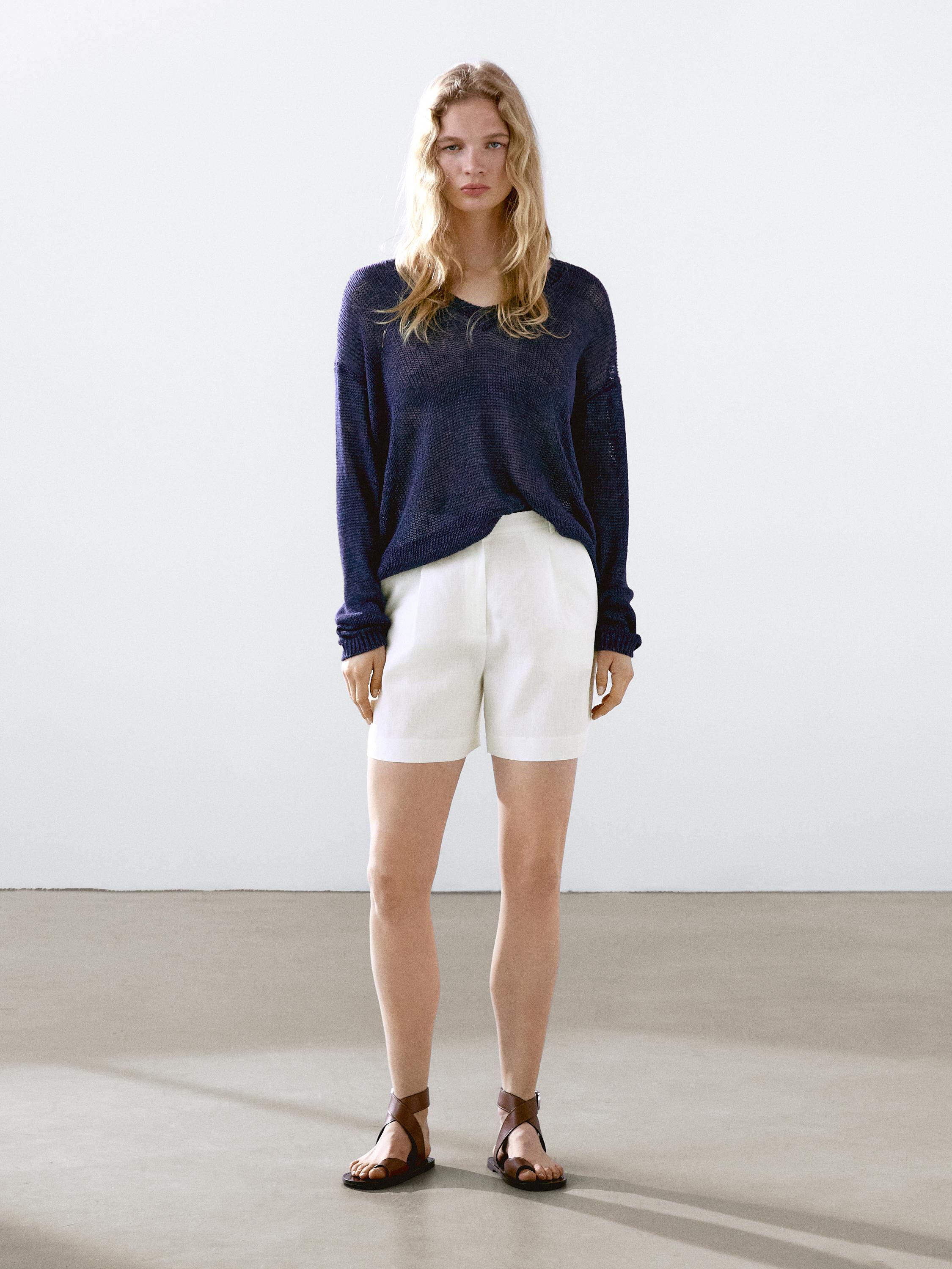 Linen blend darted waist Bermuda shorts