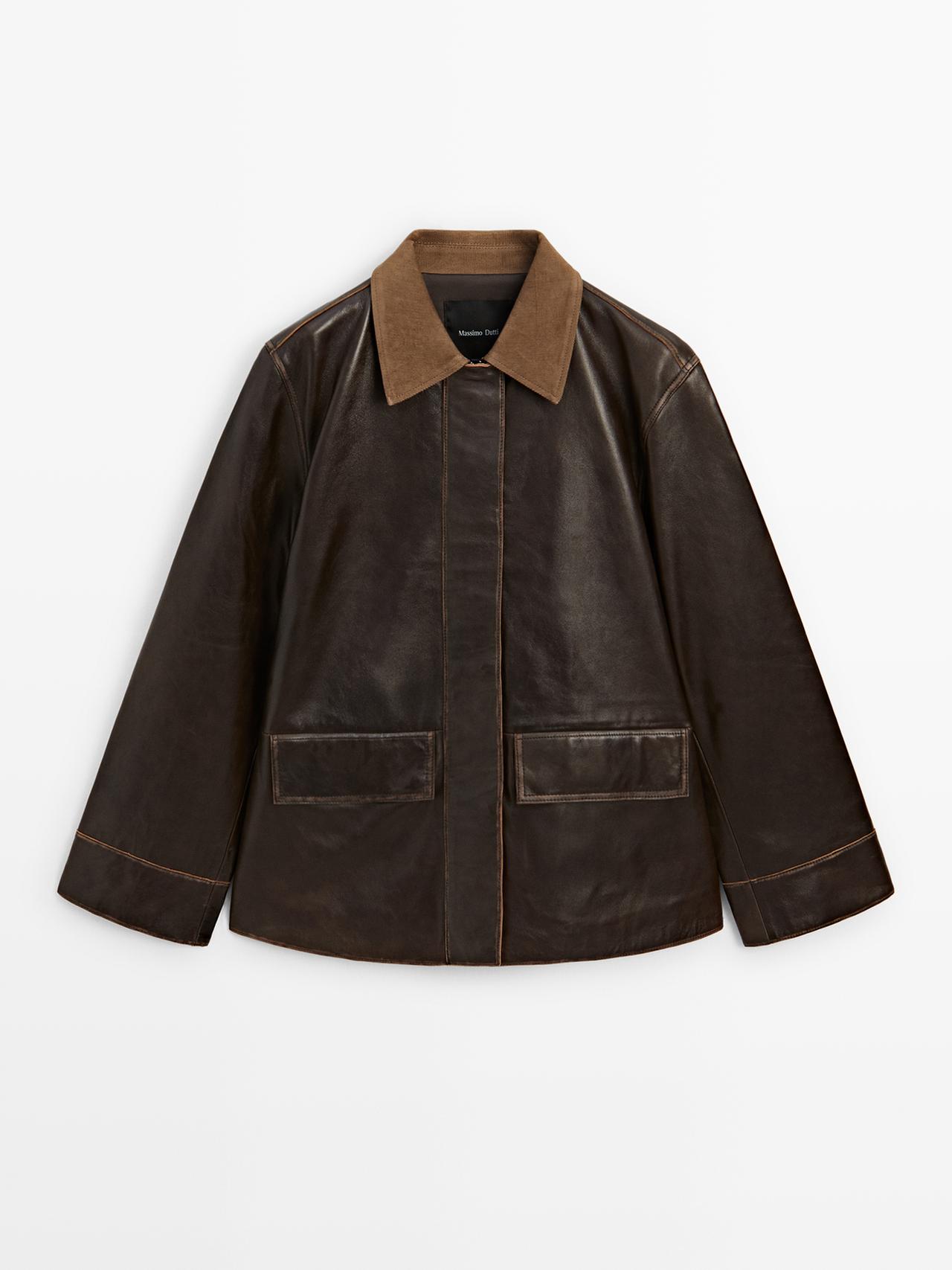 Massimo Dutti - Dames - Nappaleren Parka Met Corduroy Detail - Bruin - M