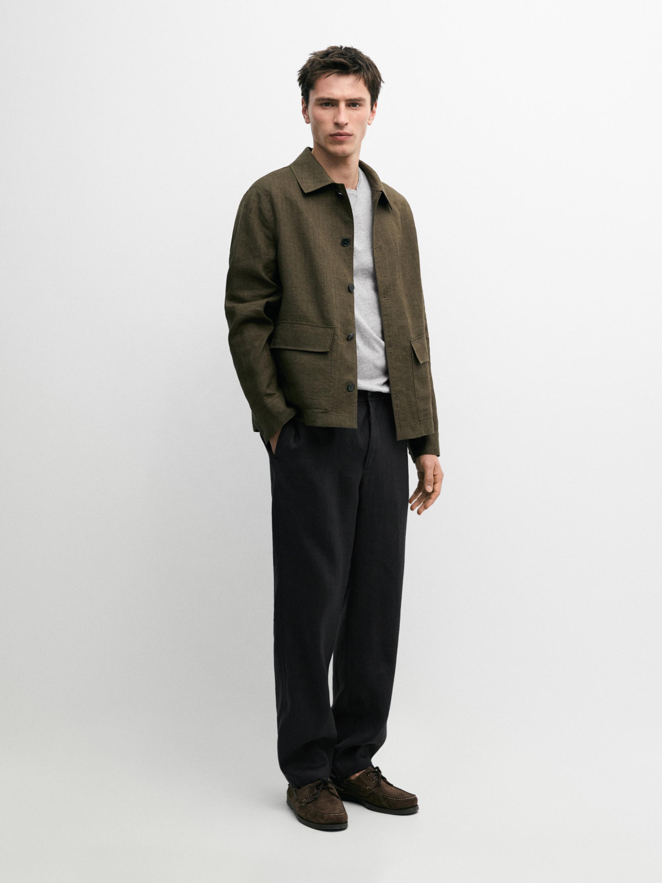 100% linen overshirt with pockets and striped detail — GREEN