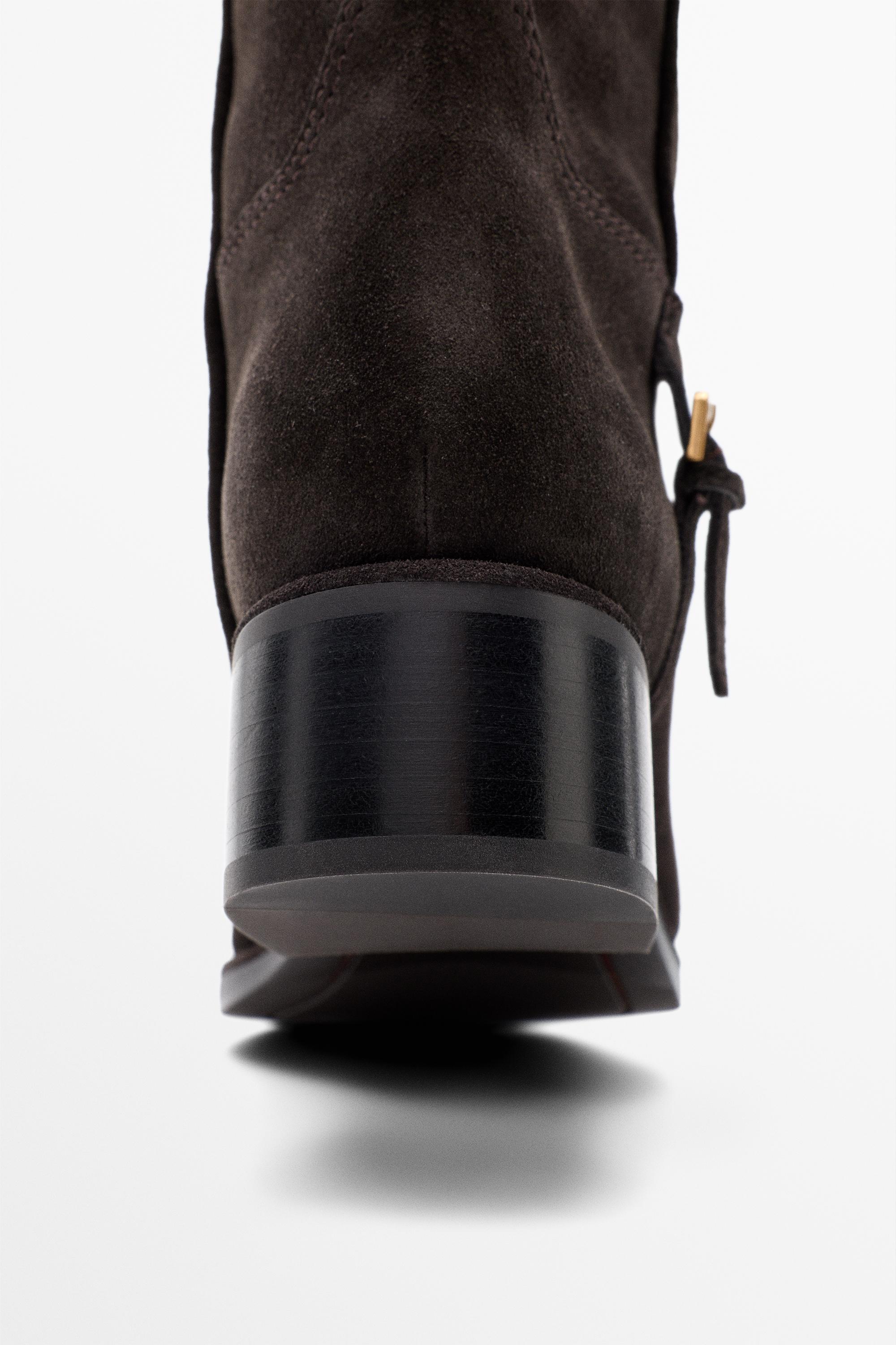 Split suede leather flat boots with side buckle — BROWN