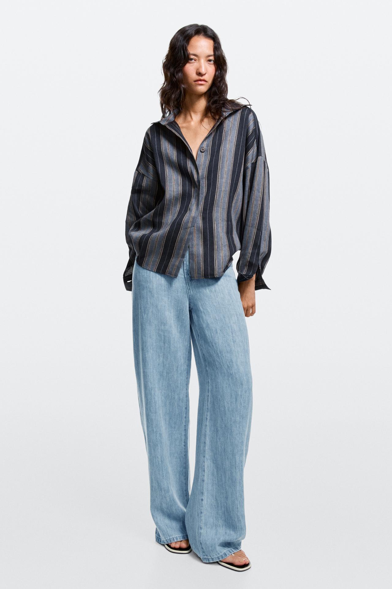 100% linen high-waist barrel fit jeans — Light Blue