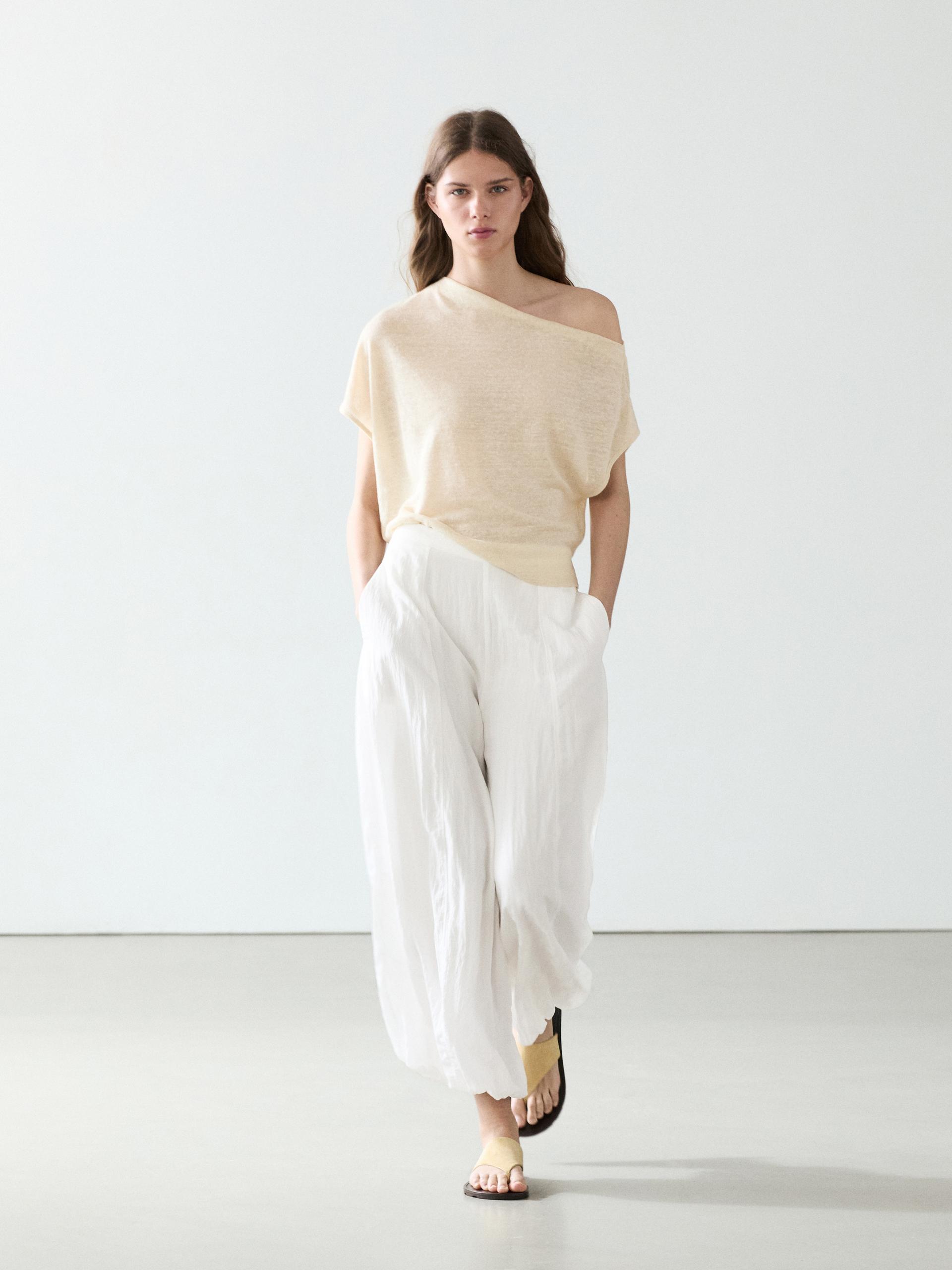 Pantalon Fluide Bouffant Texturé - Blanc - 36 - Massimo Dutti - Femme