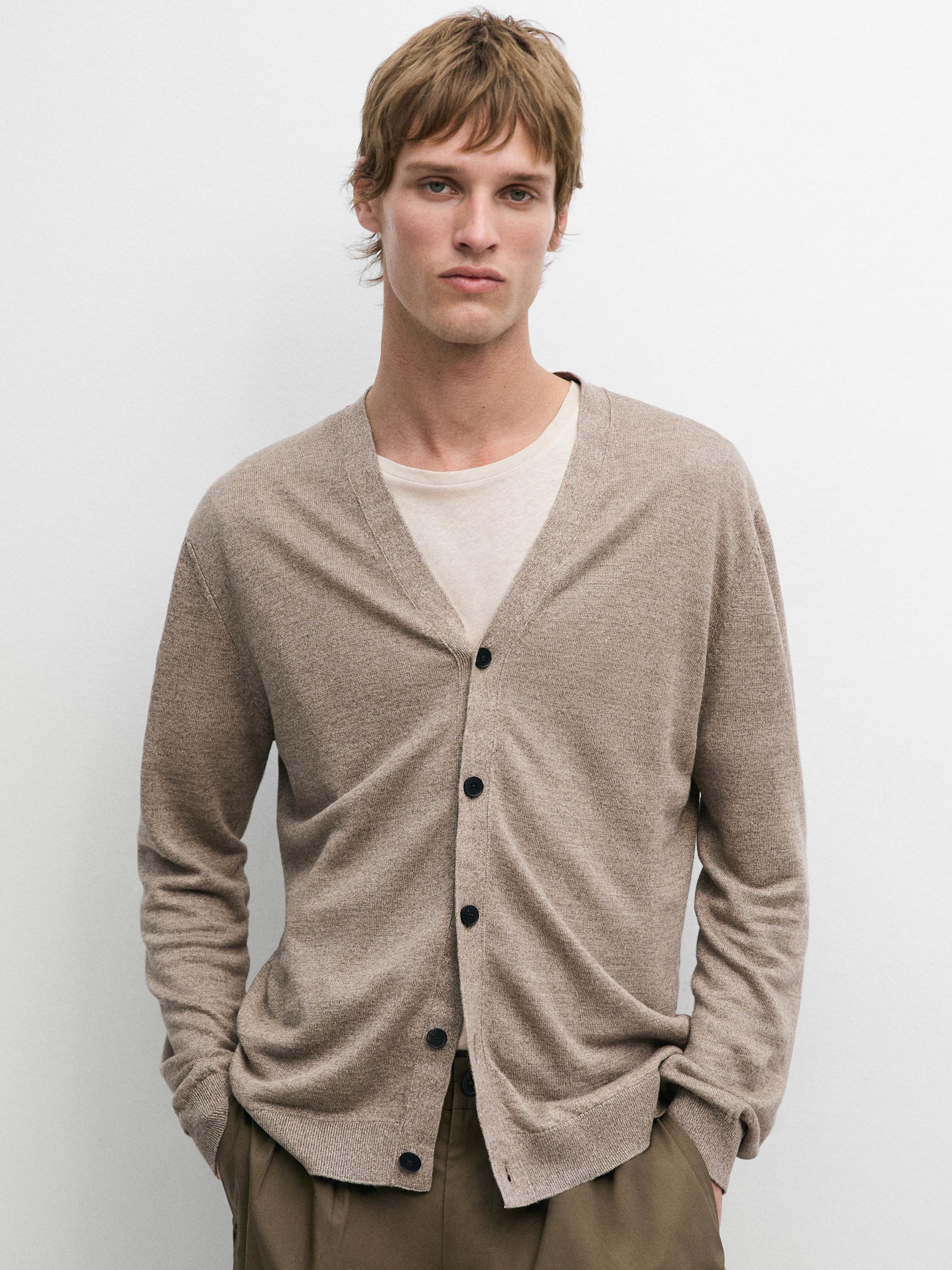 Linen knit cardigan with buttons — SAND BROWN