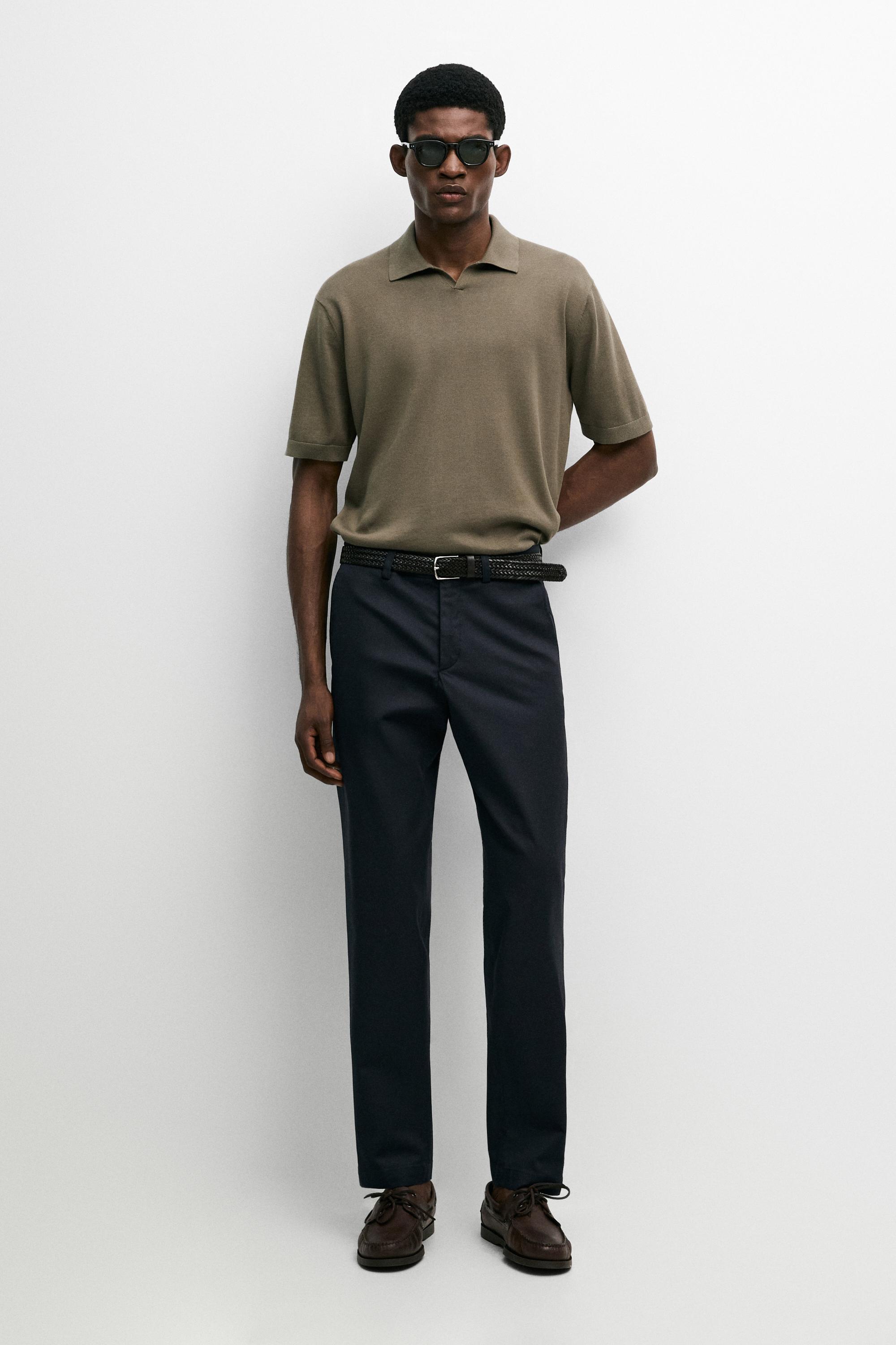 100% cotton V-neck knit polo — Khaki