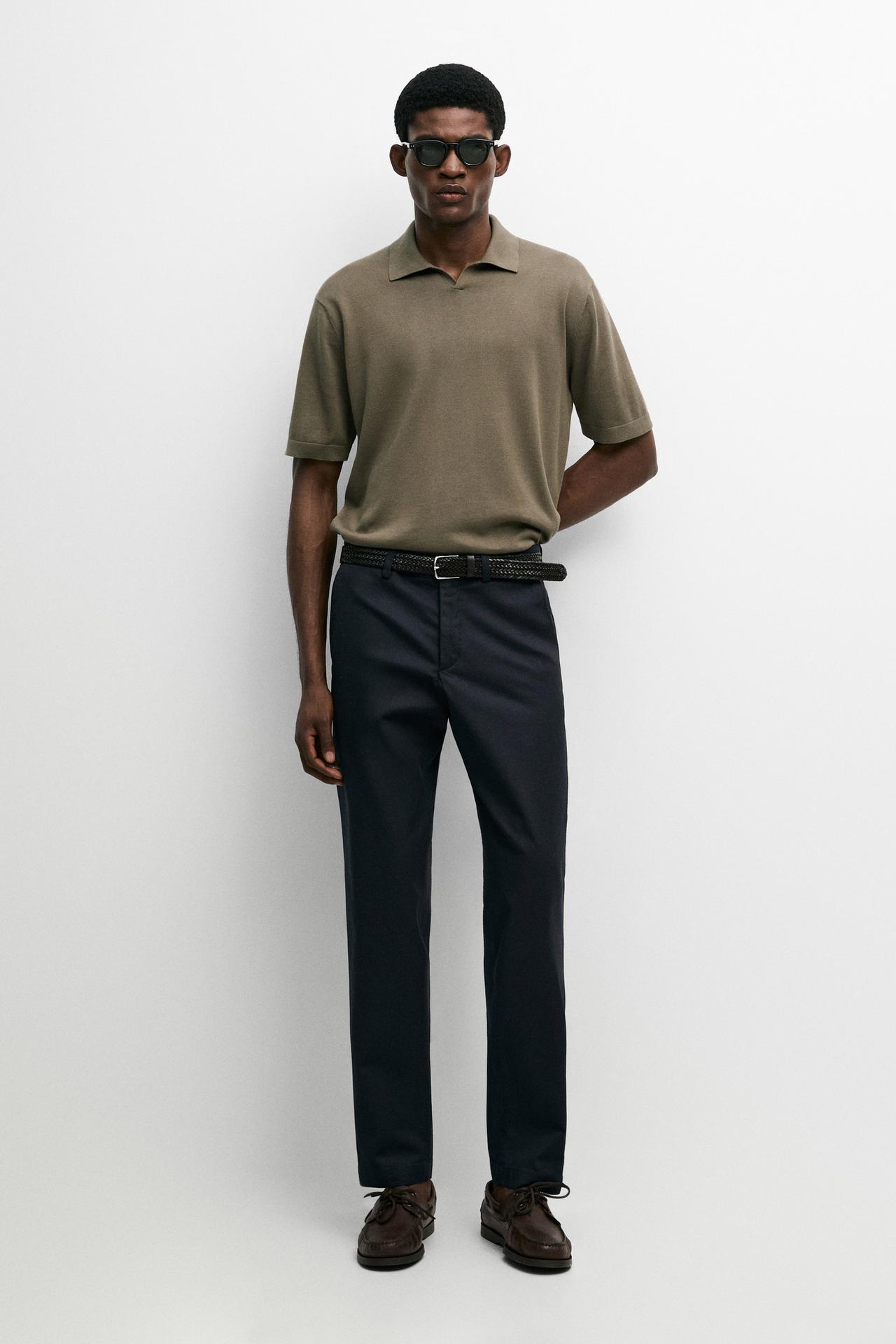 100% cotton V-neck knit polo — Khaki