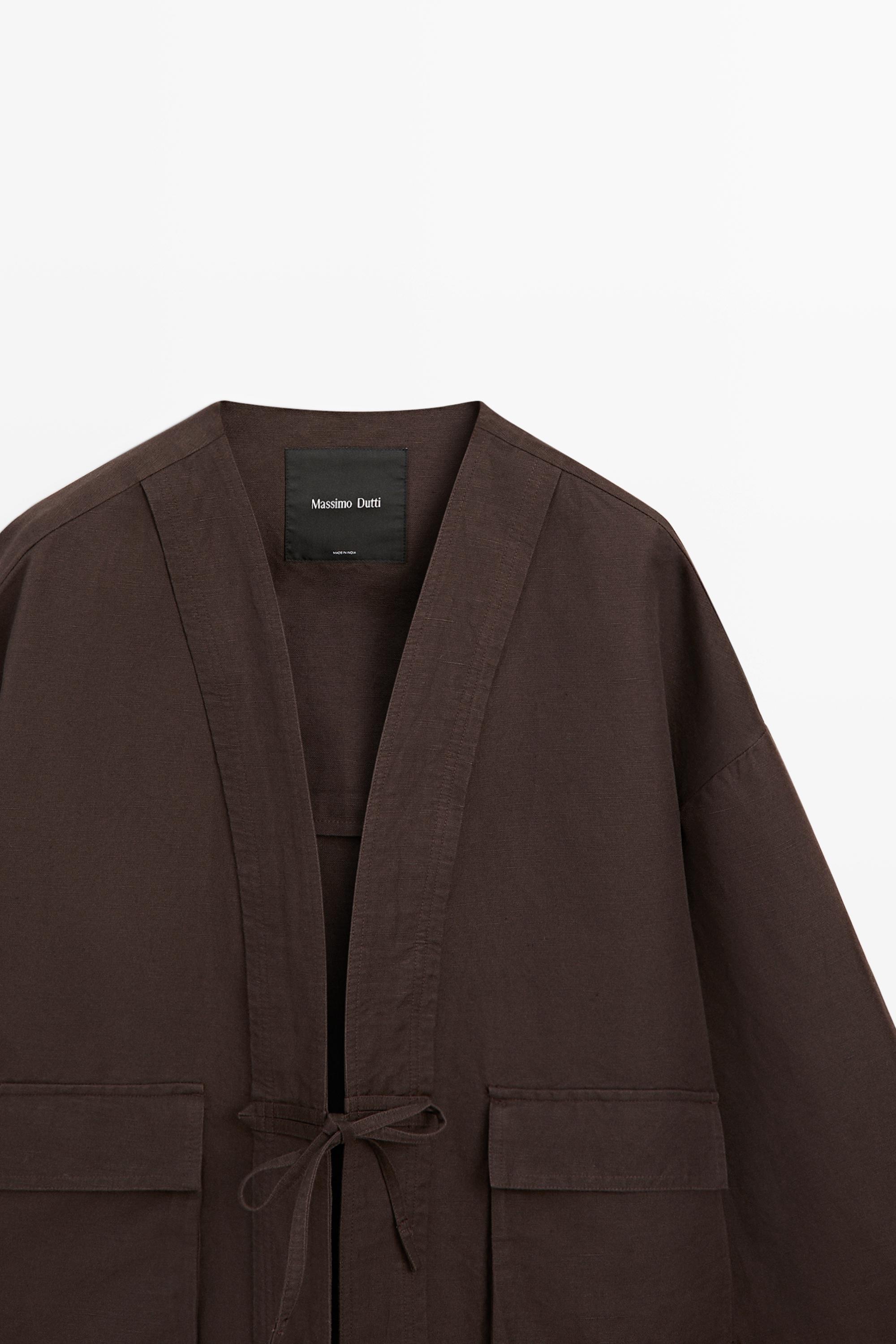 Cotton and linen pocket kimono — BROWN