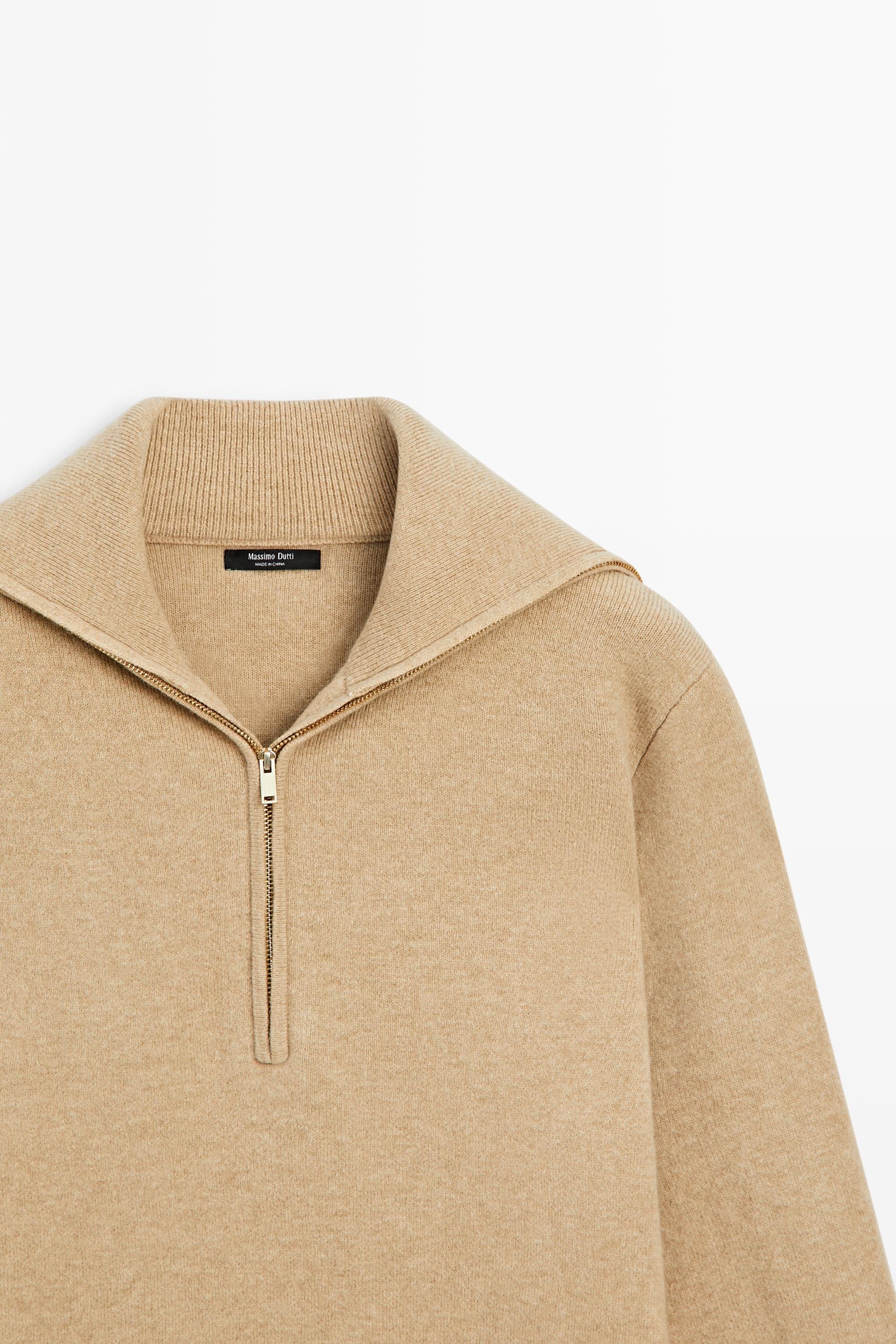 Wide collar zip-up knit sweater — CAMEL